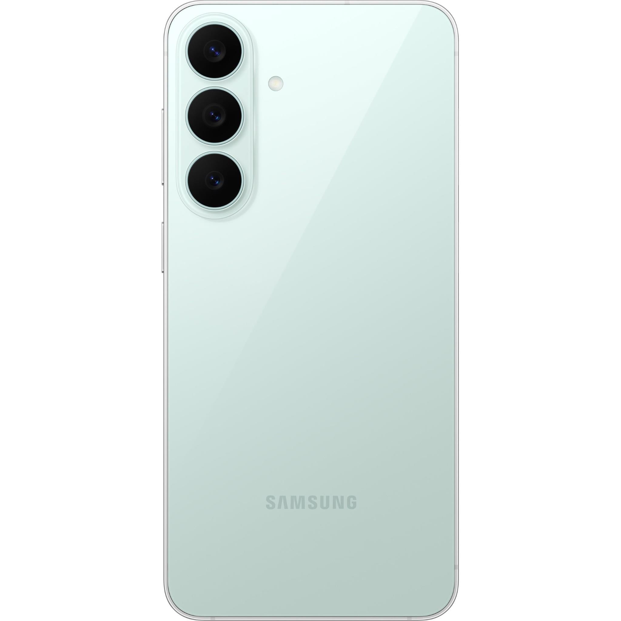 Samsung Galaxy S26 FE 5G phone in pistachio green, back view with triple camera module