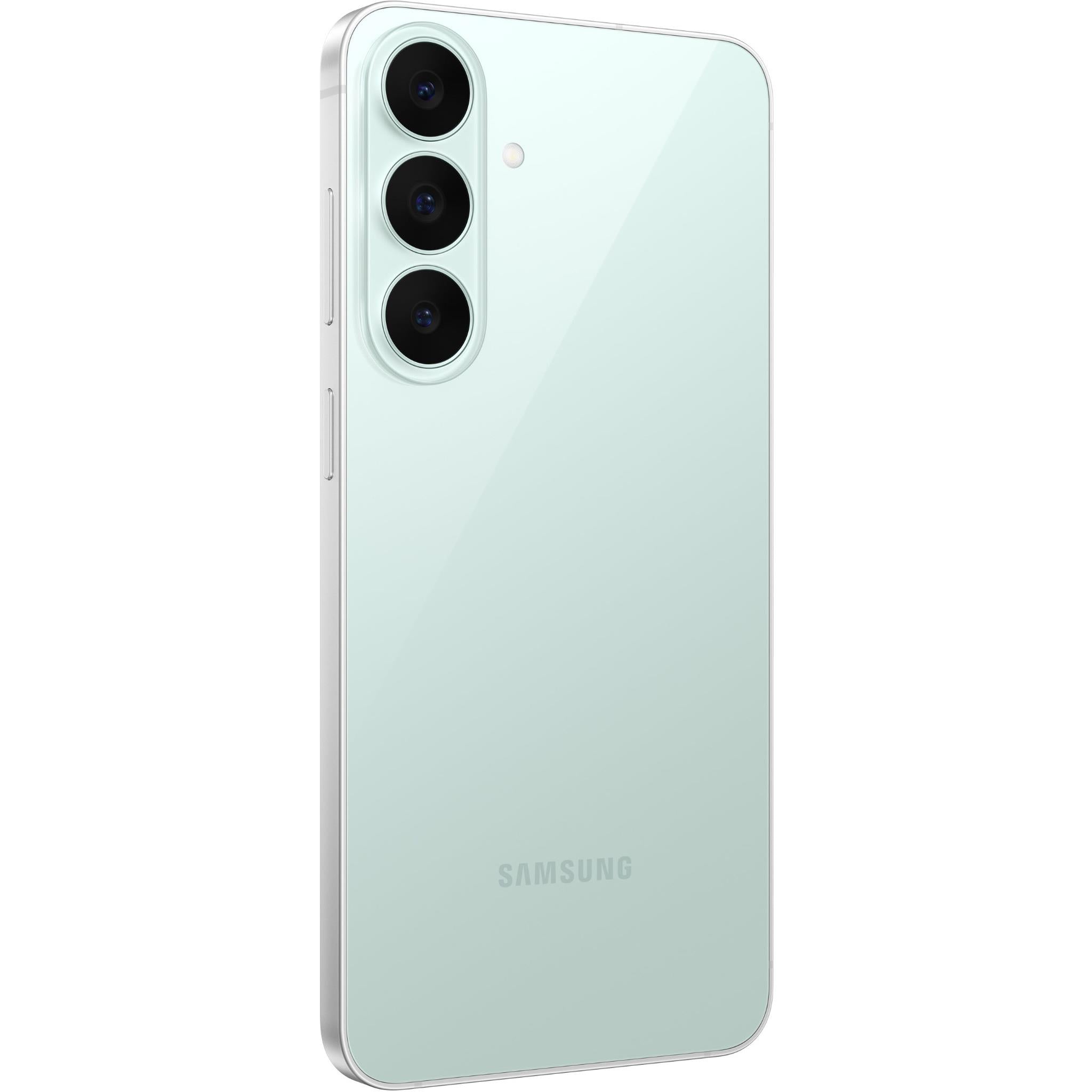 Samsung Galaxy S26 FE 5G phone in pistachio green, back view with triple cameras and logo