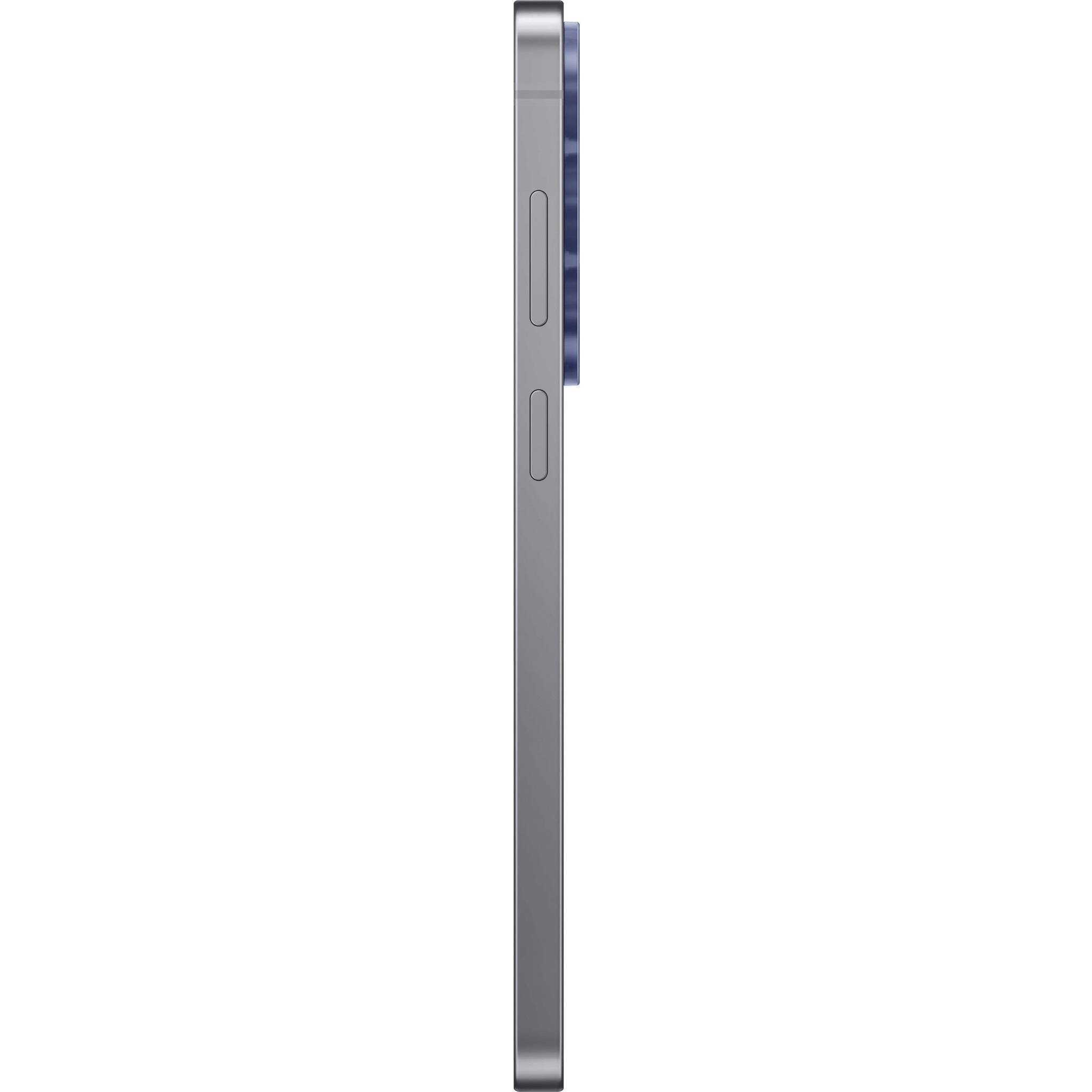Blue Samsung smartphone side view showing volume and power button area.