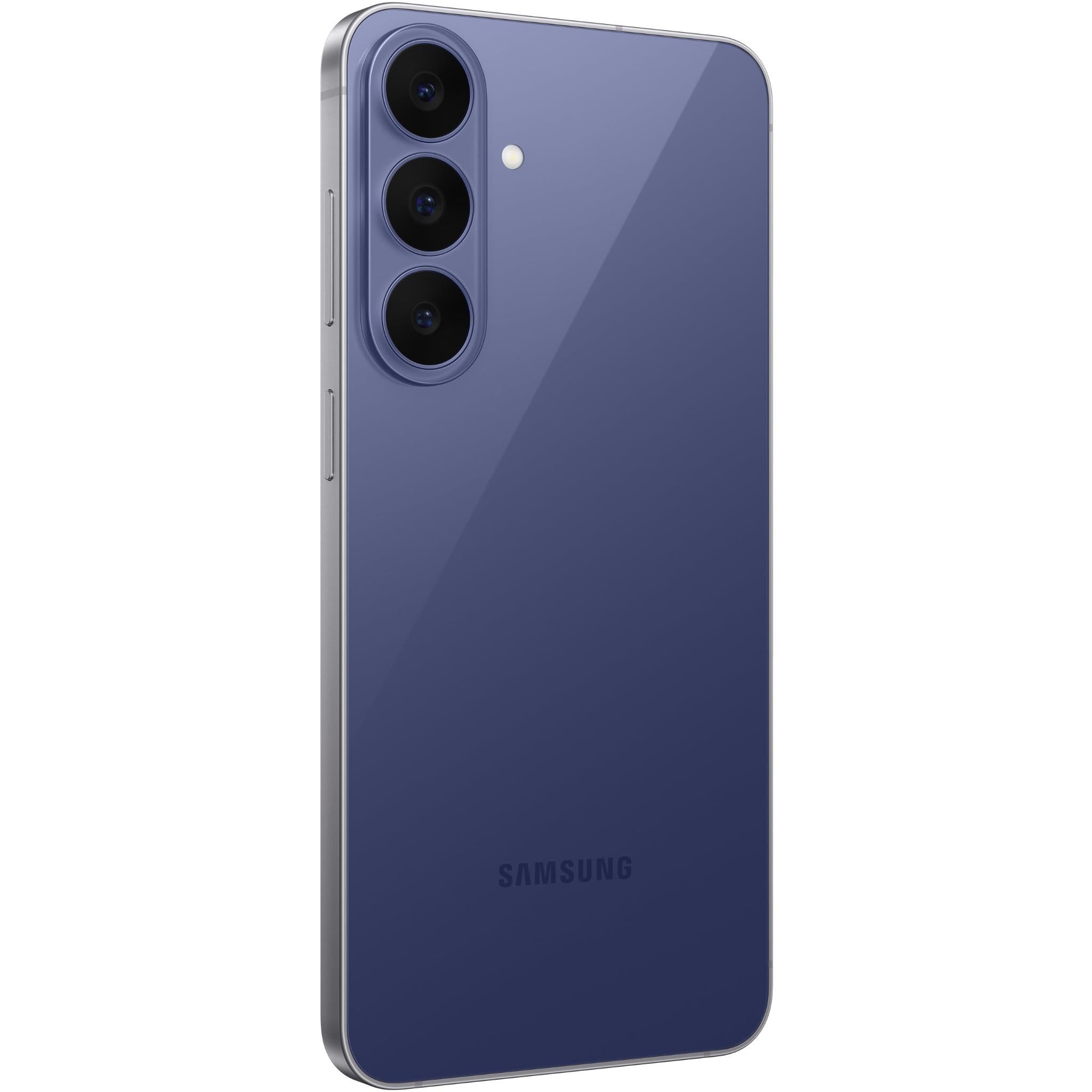 Blue Samsung smartphone back view with triple rear camera and side edge.