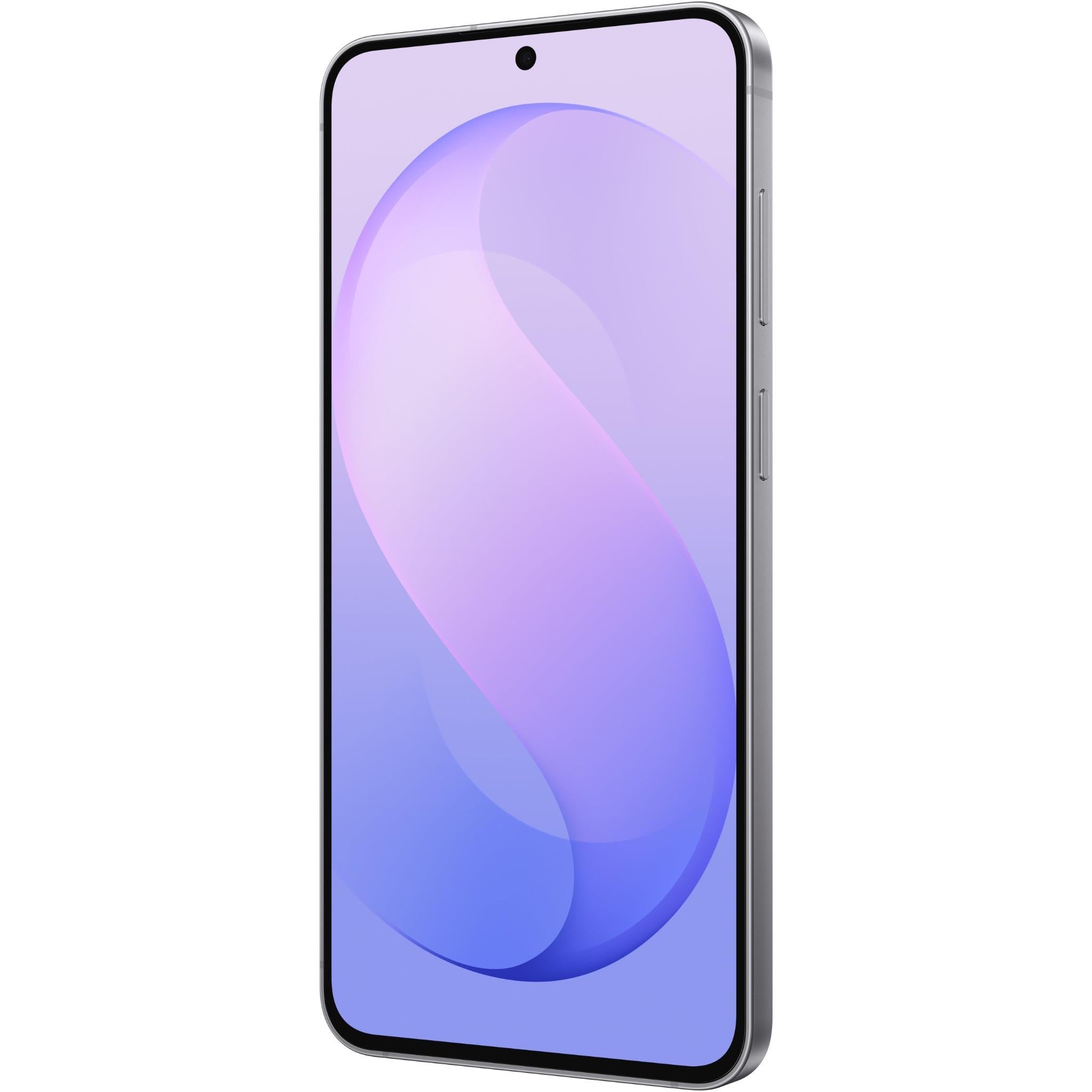 Blue Samsung smartphone front angled view with display and side buttons.