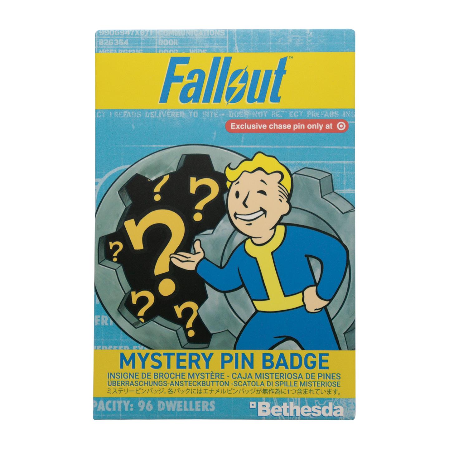 Fallout mystery pin badge blind box packaging, Vault Boy and question marks graphic