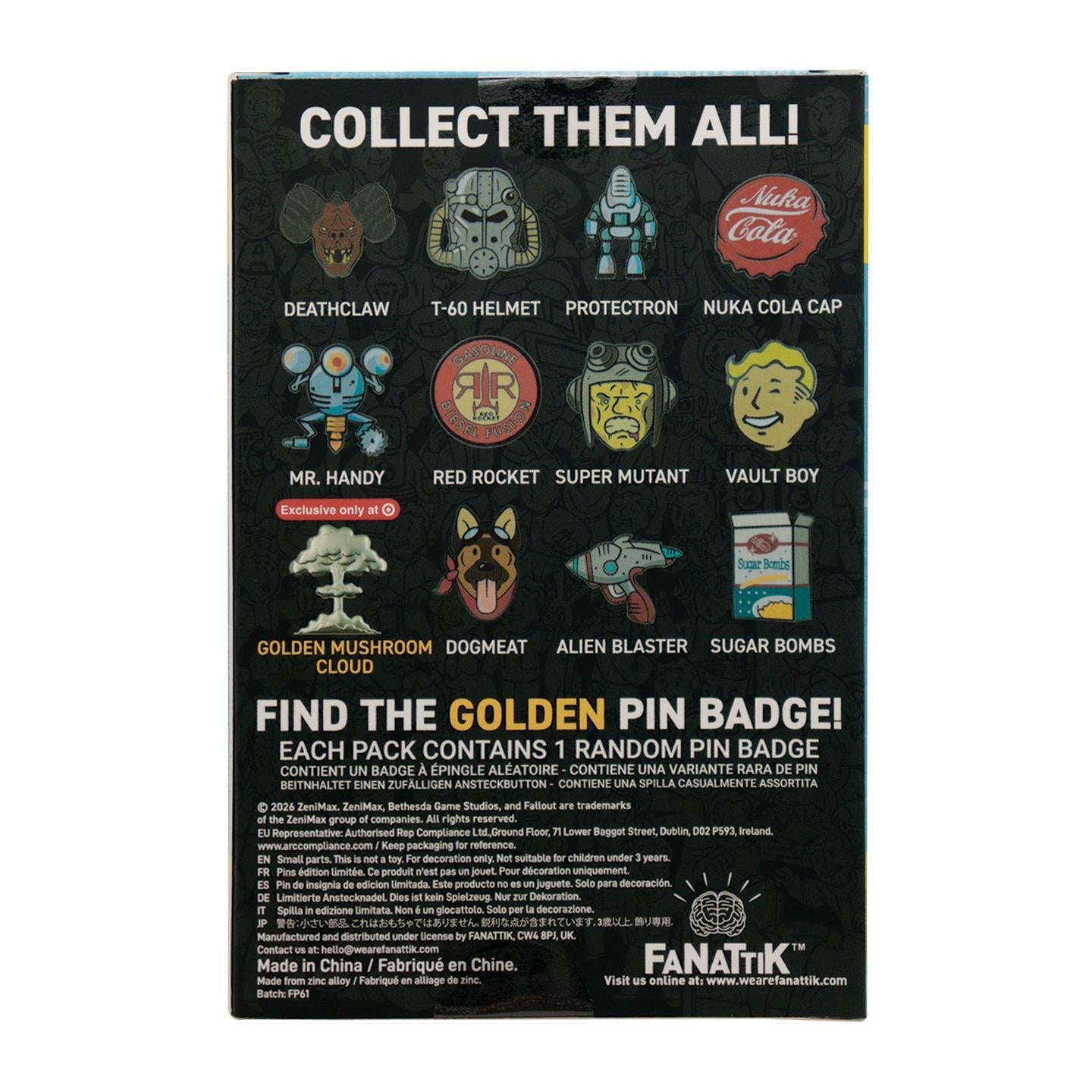 Fanattik Fallout mystery pin badge blind box back, character lineup and golden pin clue