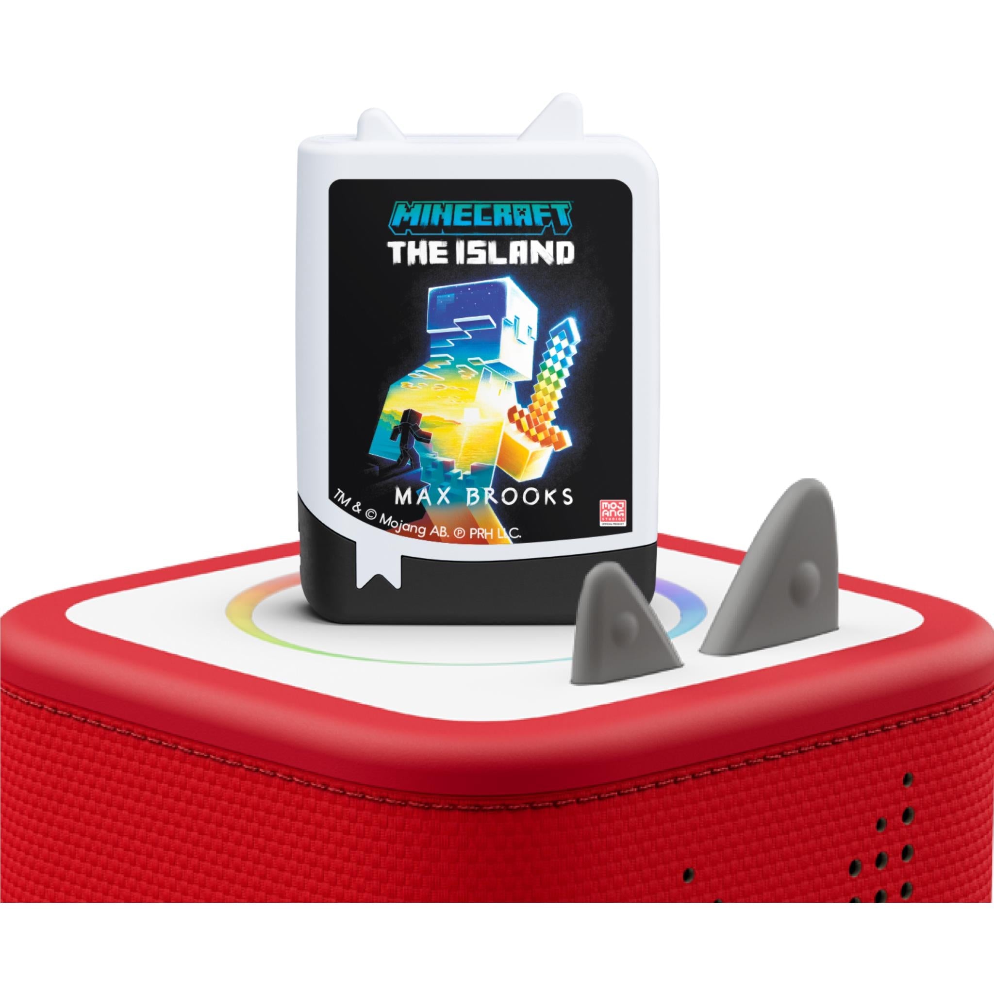 Audio Tonie standing on red Toniebox with Minecraft cover art