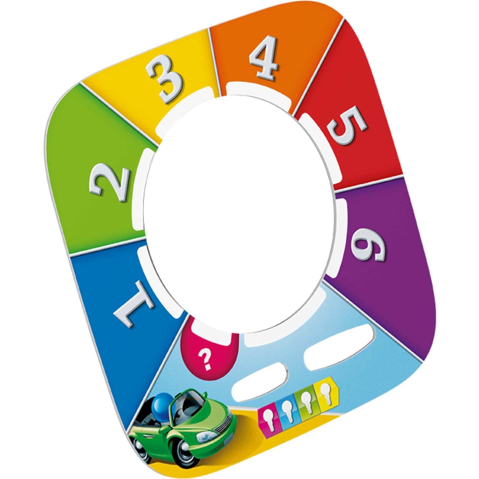 Round game disc with numbered colored wedges and central white opening