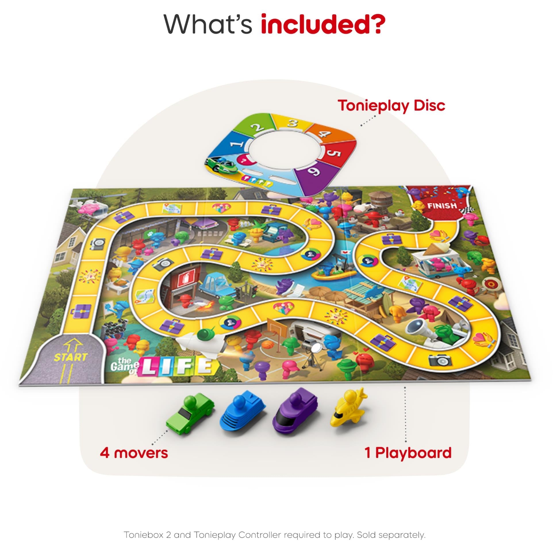 Life game board with Tonieplay disc on top and four colorful mover pieces