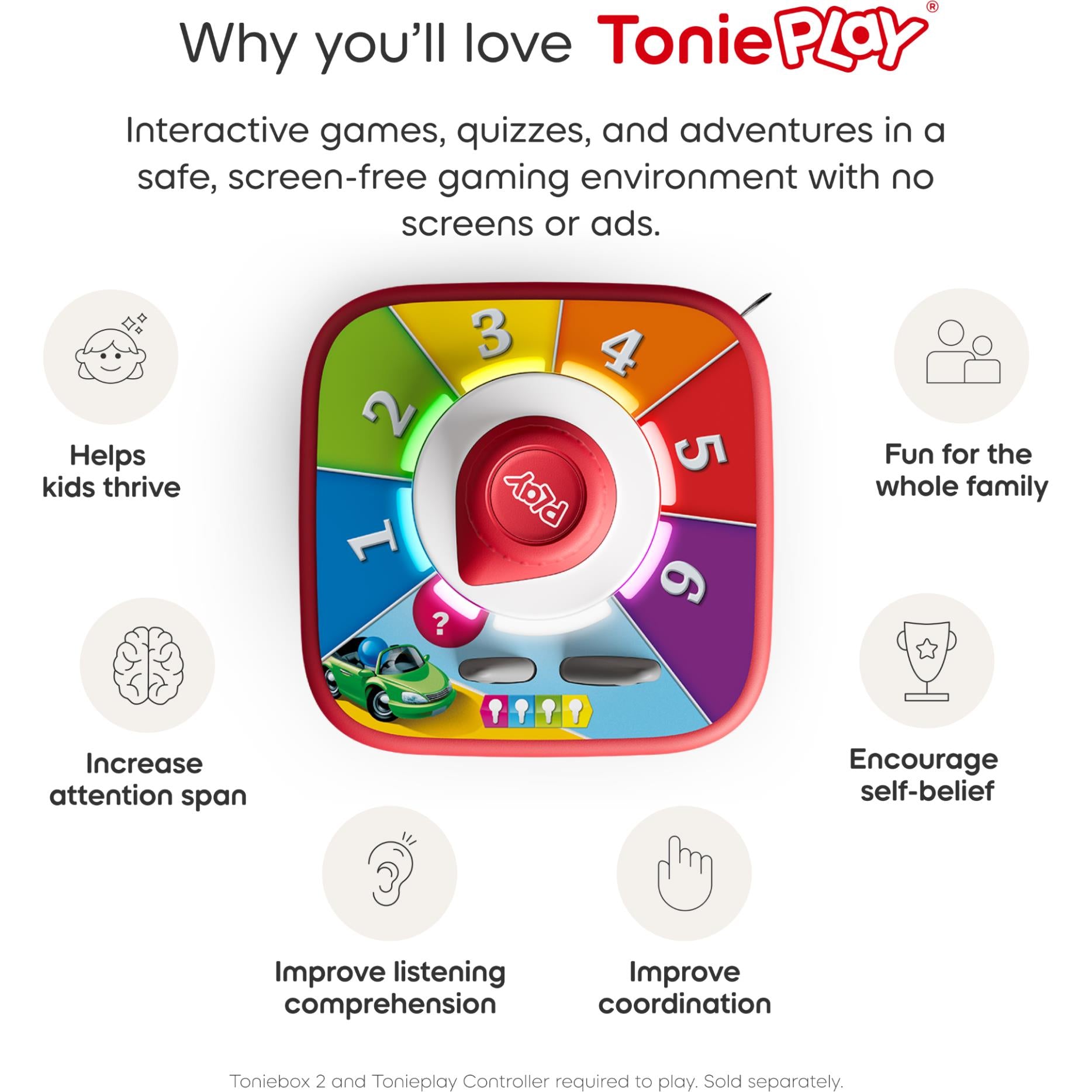Square Tonieplay game controller with numbered wheel and feature icons around it