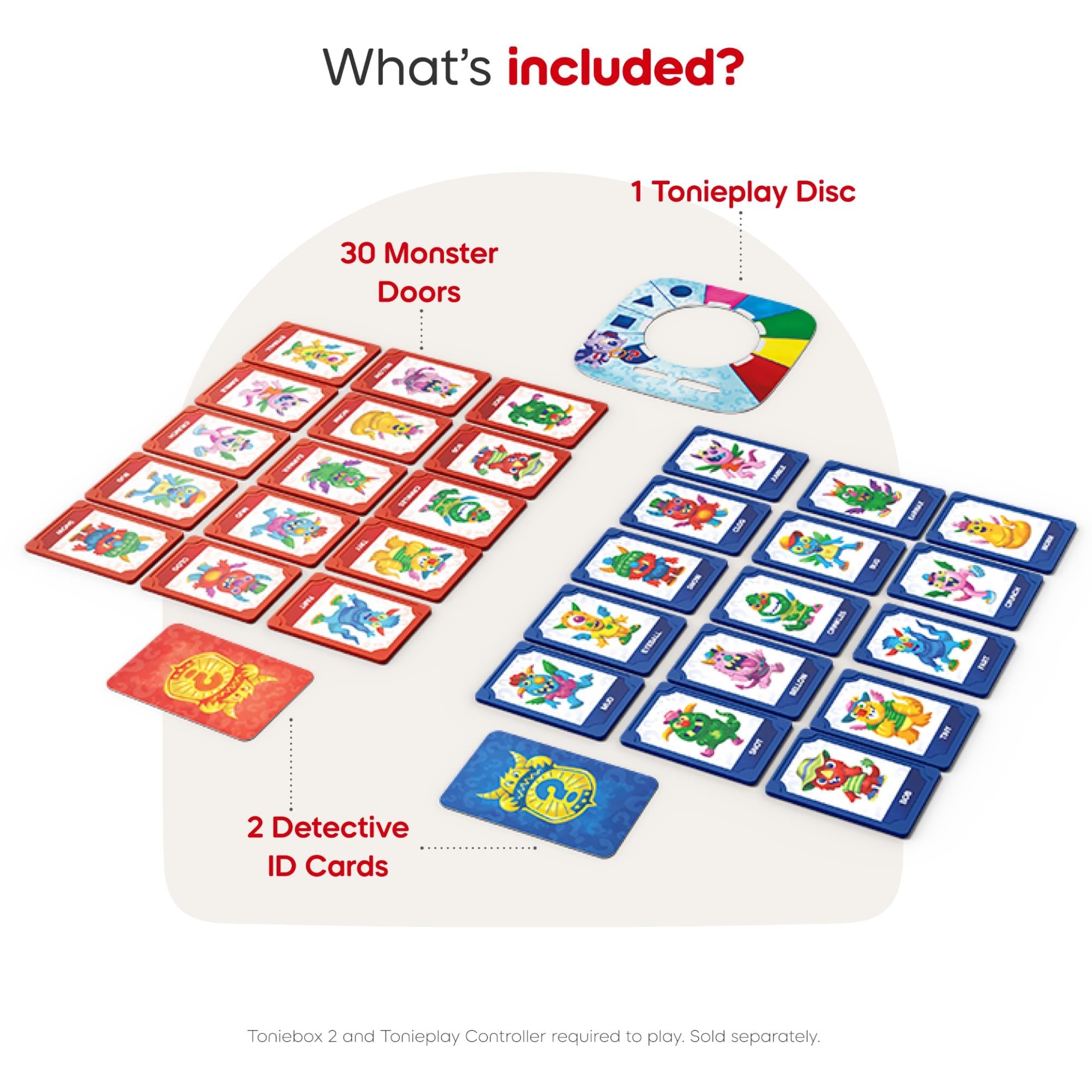 Graphic showing 1 Tonieplay disc, 2 detective ID cards, and 30 monster doors