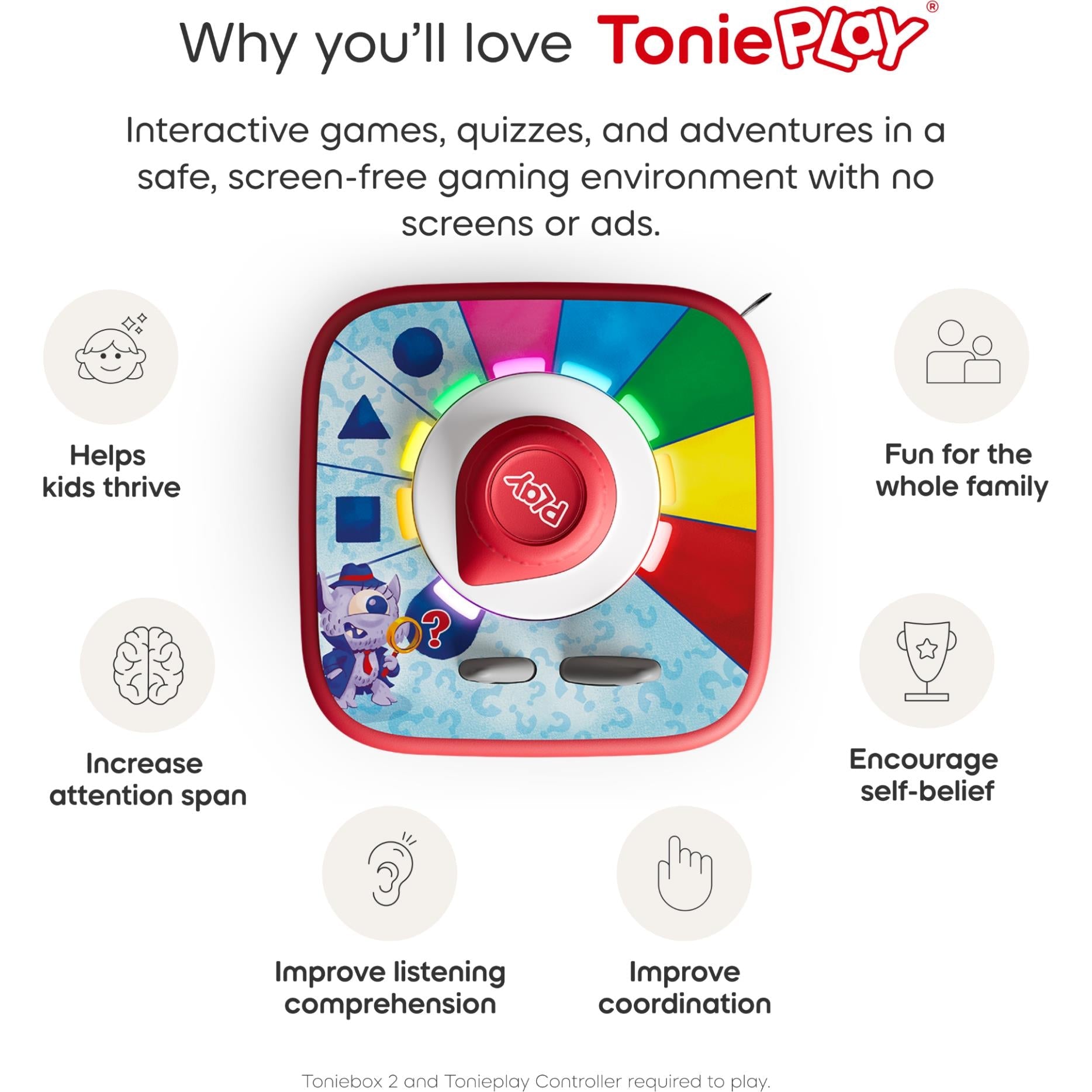 Tonieplay controller with colorful dial and circular icons for learning benefits