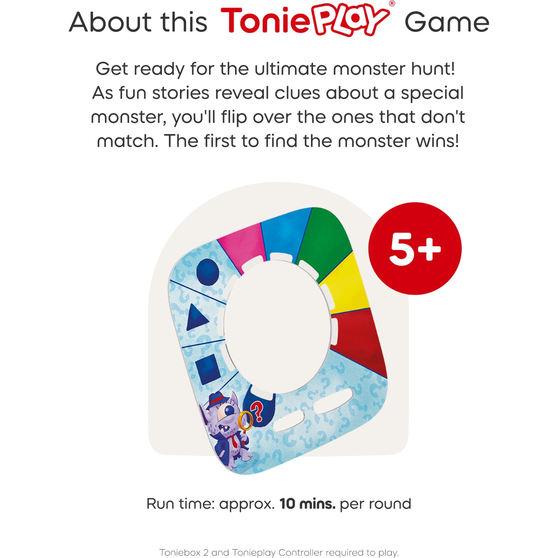 Tonieplay game disc insert with colorful panels and red 5+ age badge