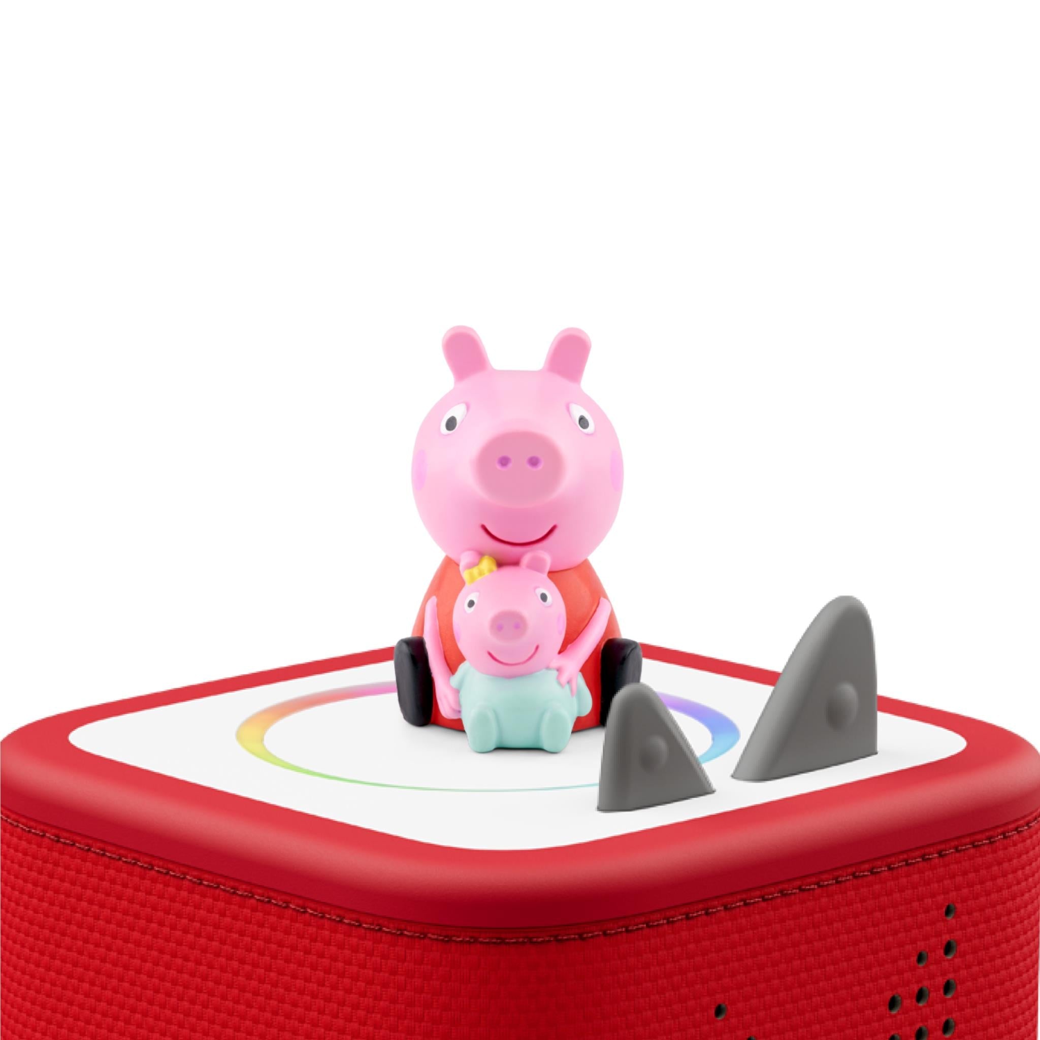 Peppa Pig Tonie figurine on a red Toniebox top with built-in gray ears