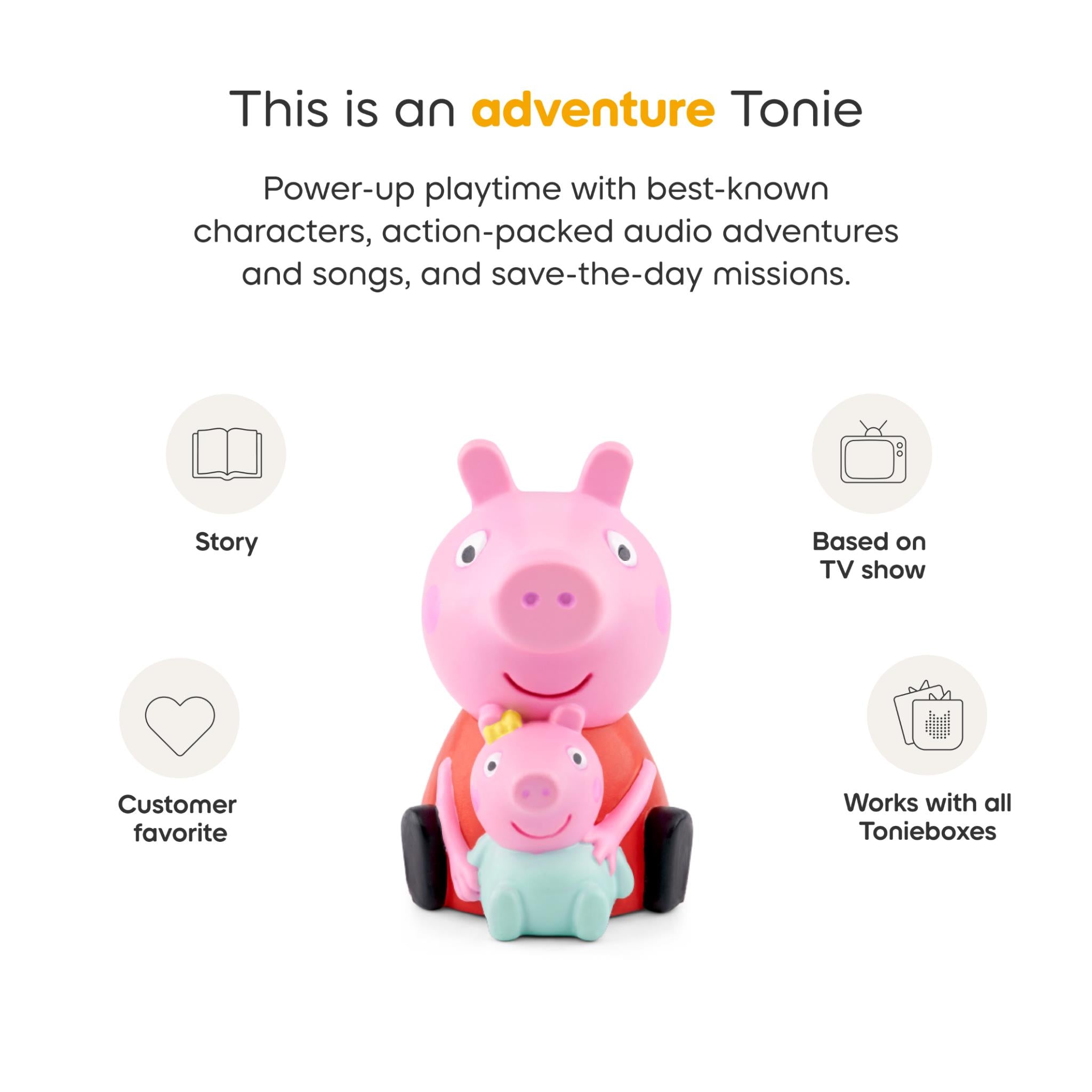 Peppa Pig Tonie figurine with product feature icons on a white card