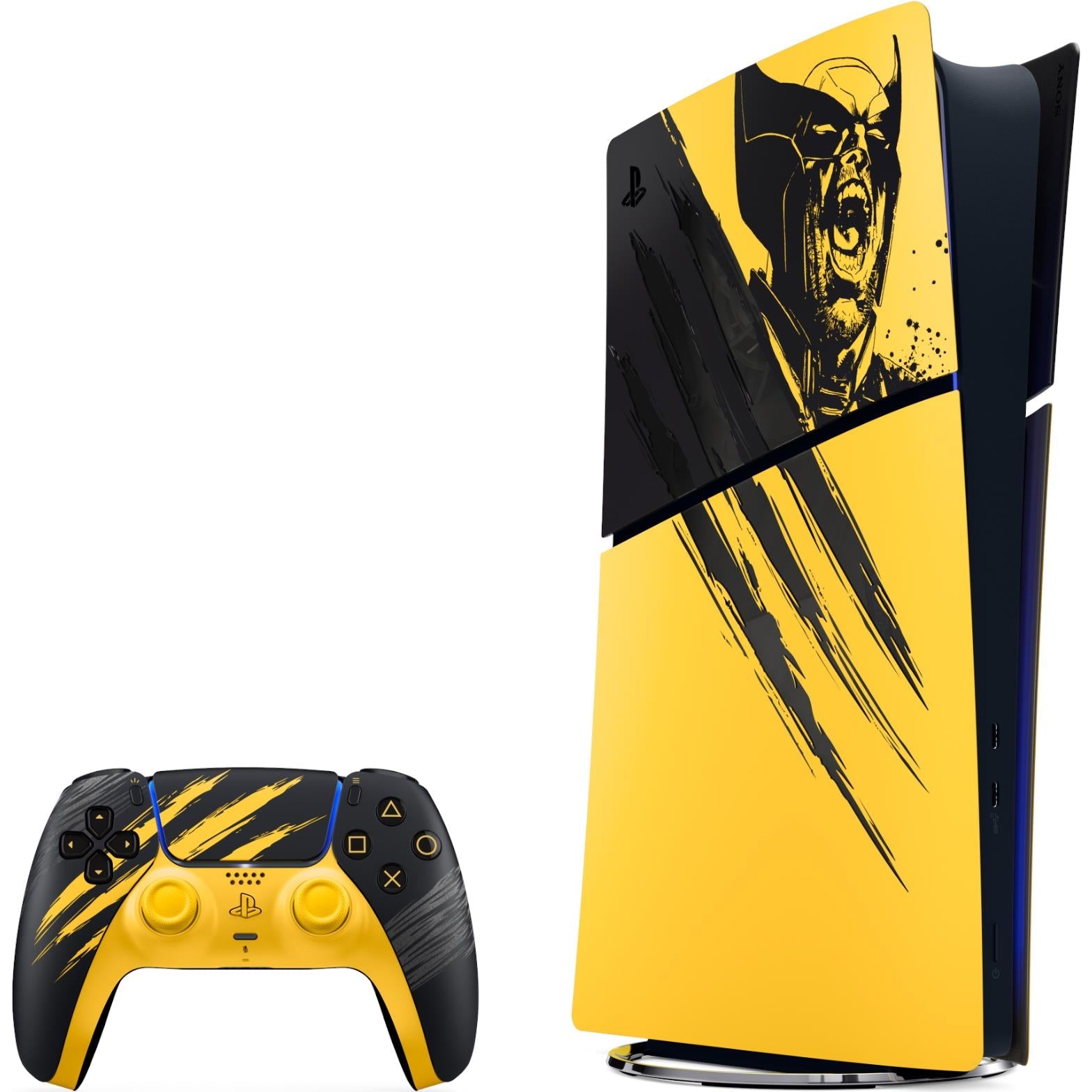 Yellow PlayStation 5 Digital Edition console with matching controller, Wolverine graphics