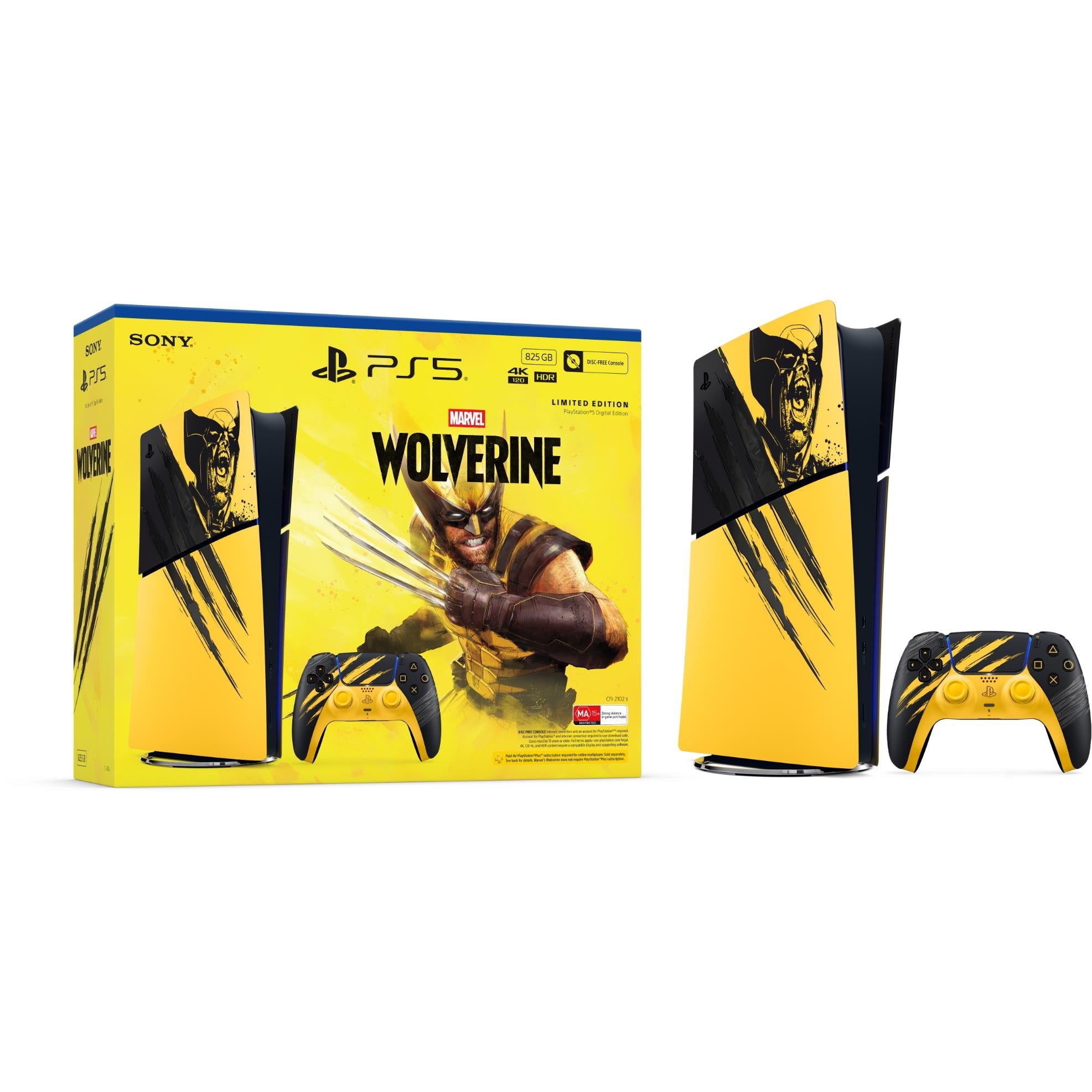 PlayStation 5 Digital Edition bundle in yellow, with Wolverine box and controller