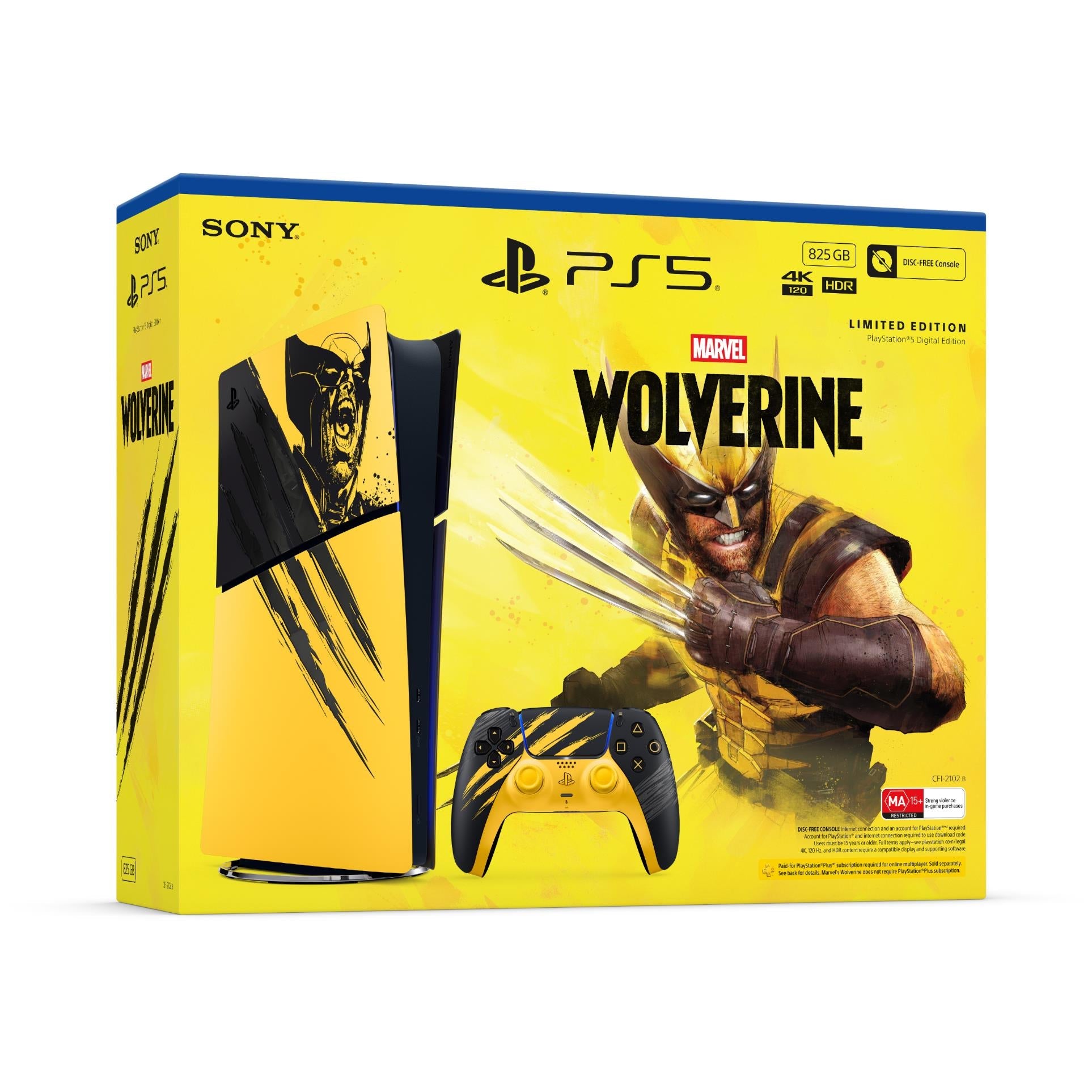 Yellow PS5 Digital Edition box with Wolverine theme and included controller art