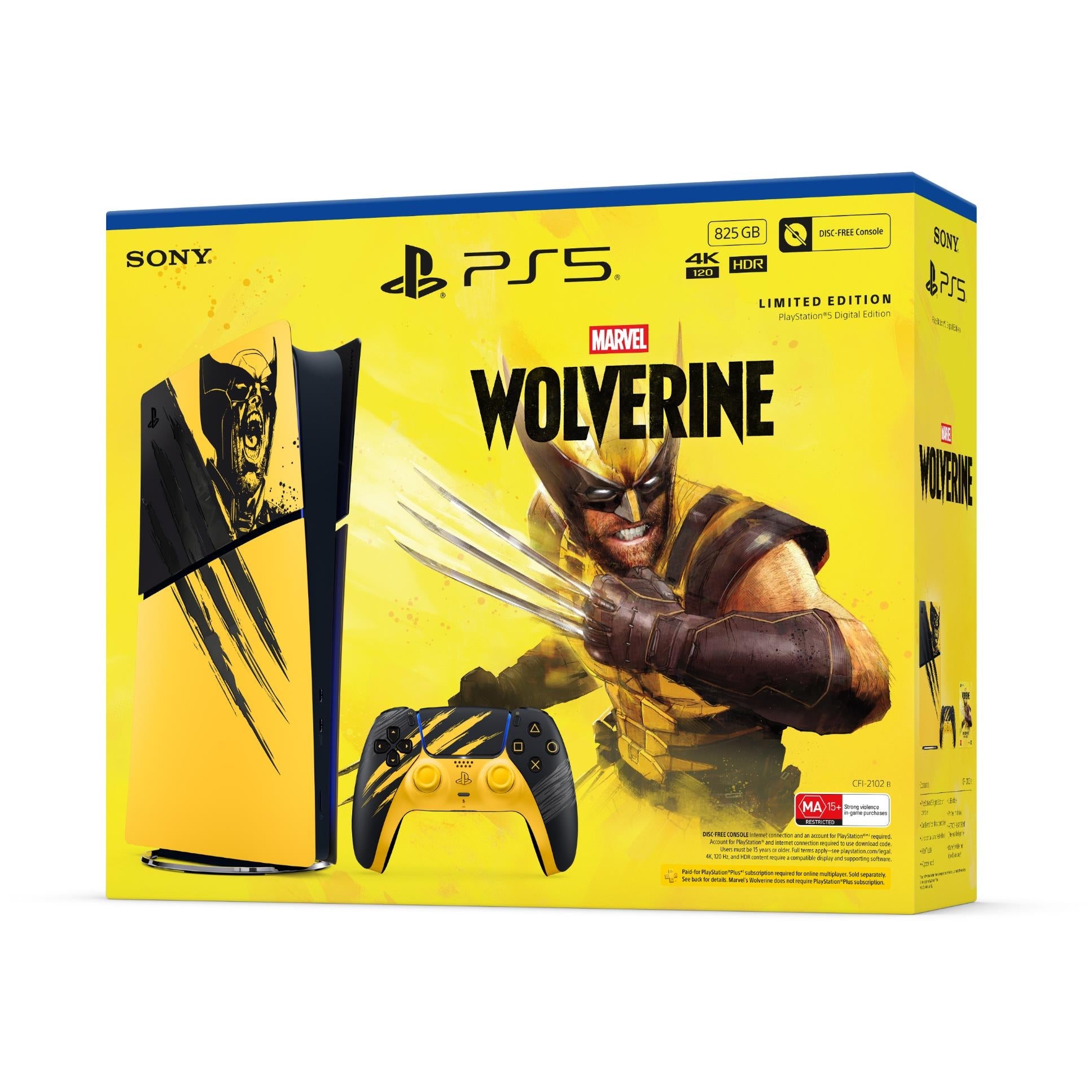 Yellow PS5 Digital Edition retail box with Wolverine character artwork and controller