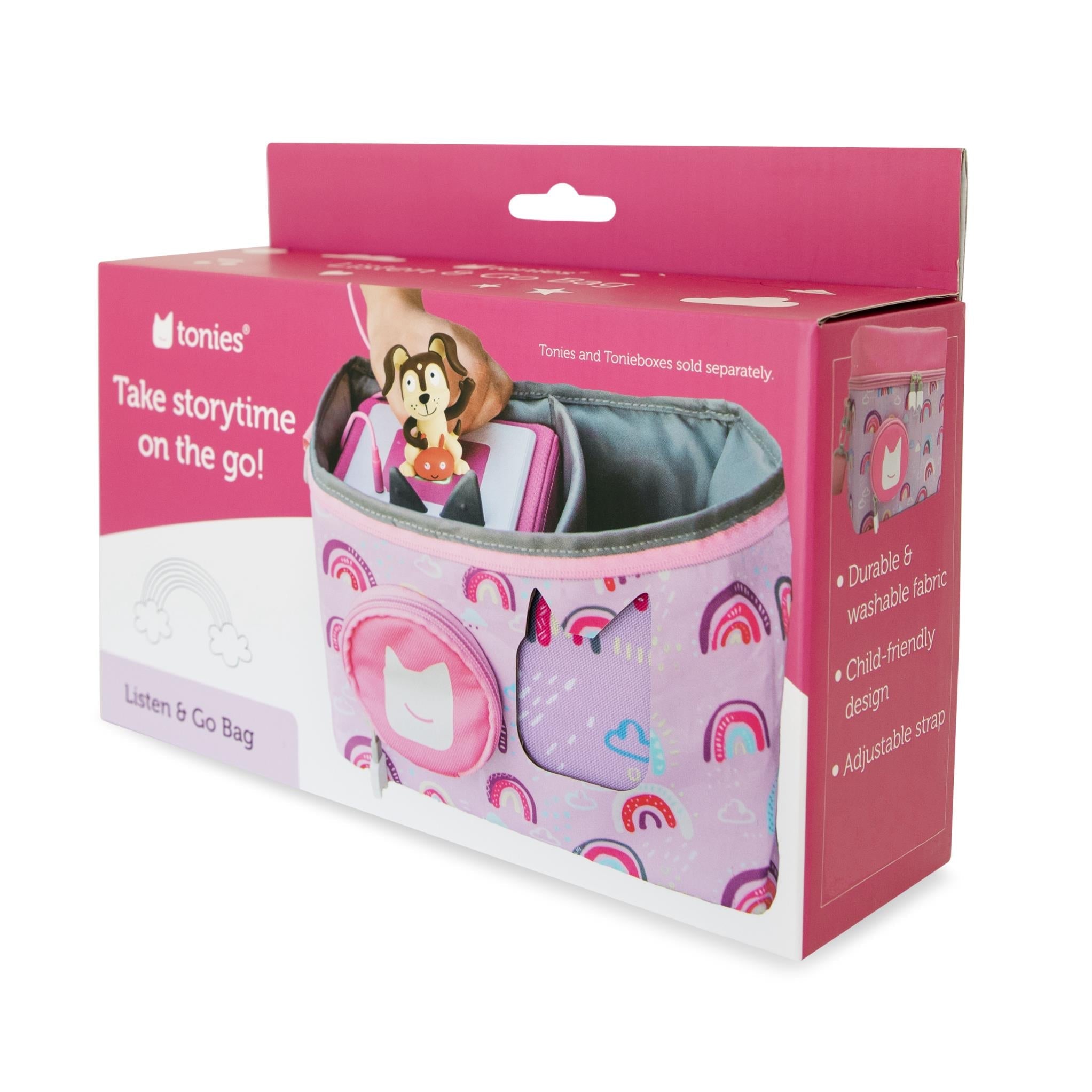 tonies Listen & Go carry bag in pink with an Over the Rainbow design, image 2 - Tonies at Tech Supply Shed NZ