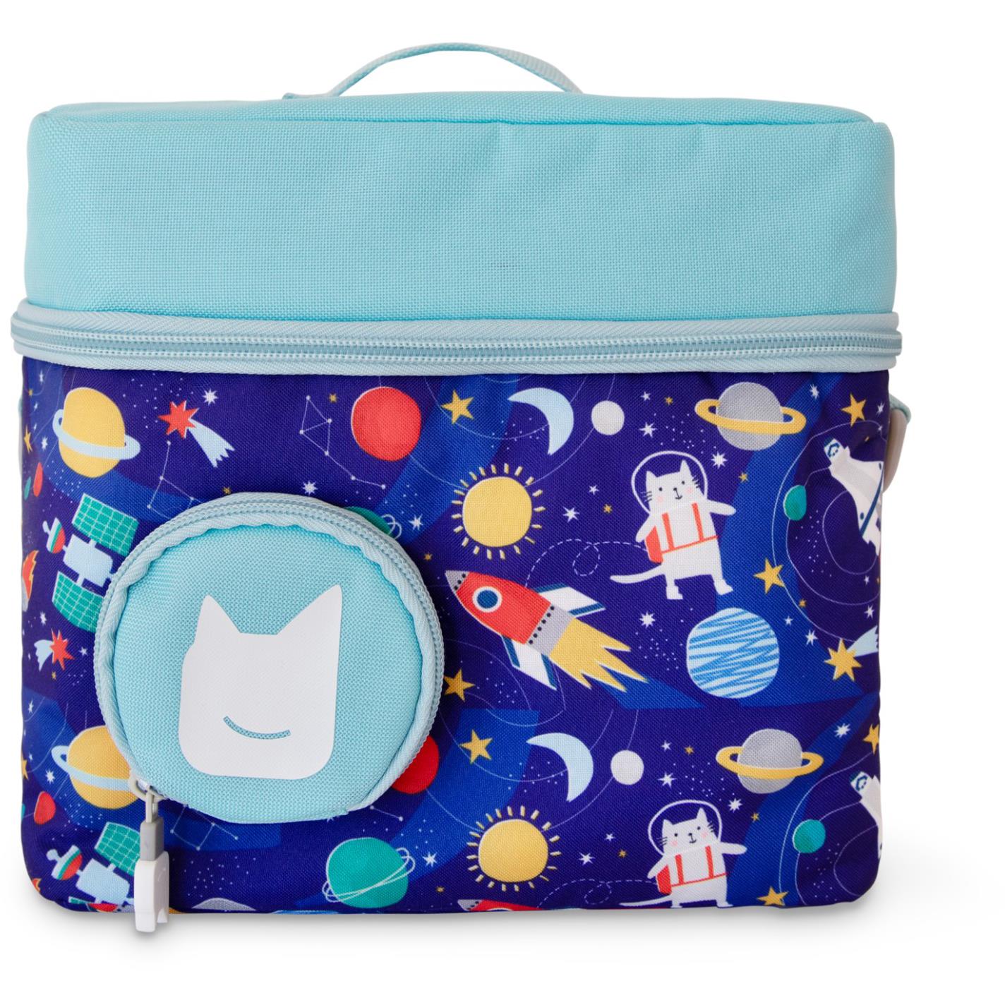 Blue padded kids carry bag with star-and-rocket print, top handle and zip closure