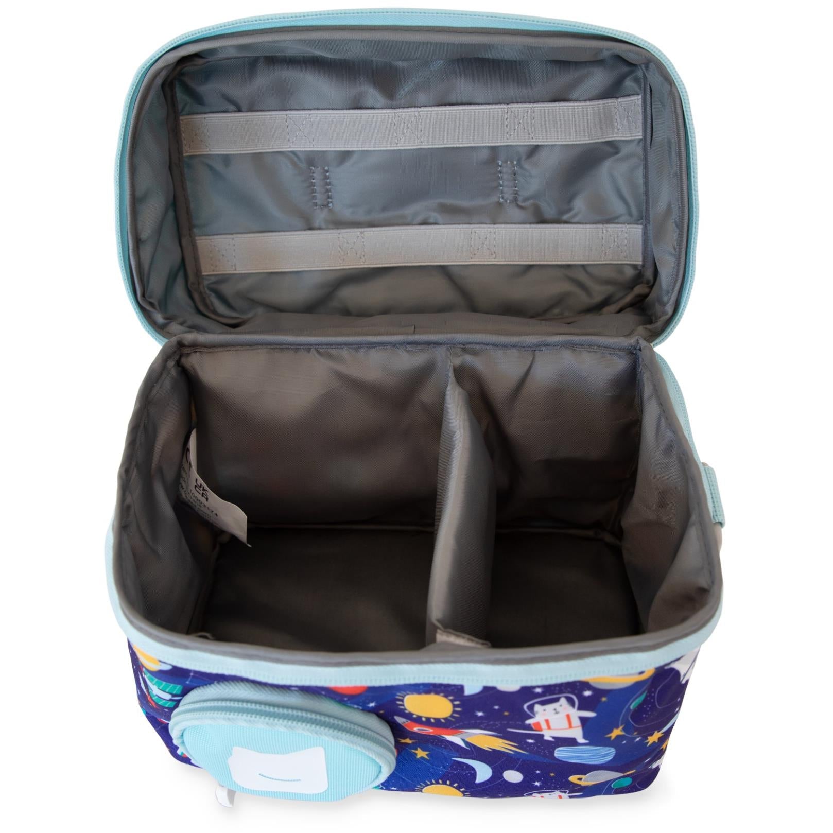 Open padded carry bag with gray lining and top zipper, interior divider sections