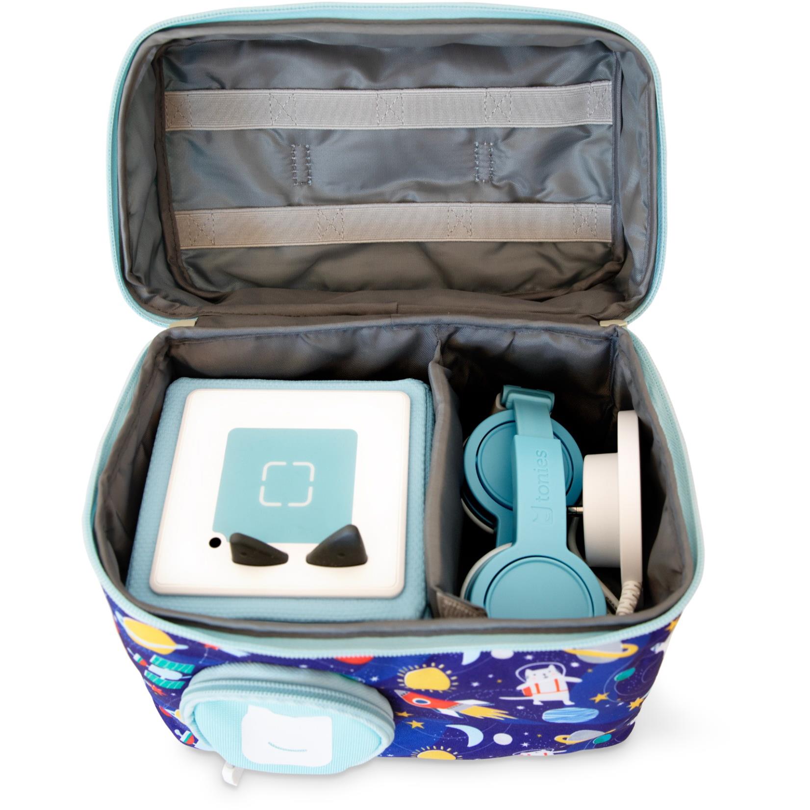 Open carry bag showing devices in molded pockets, blue space print and gray interior