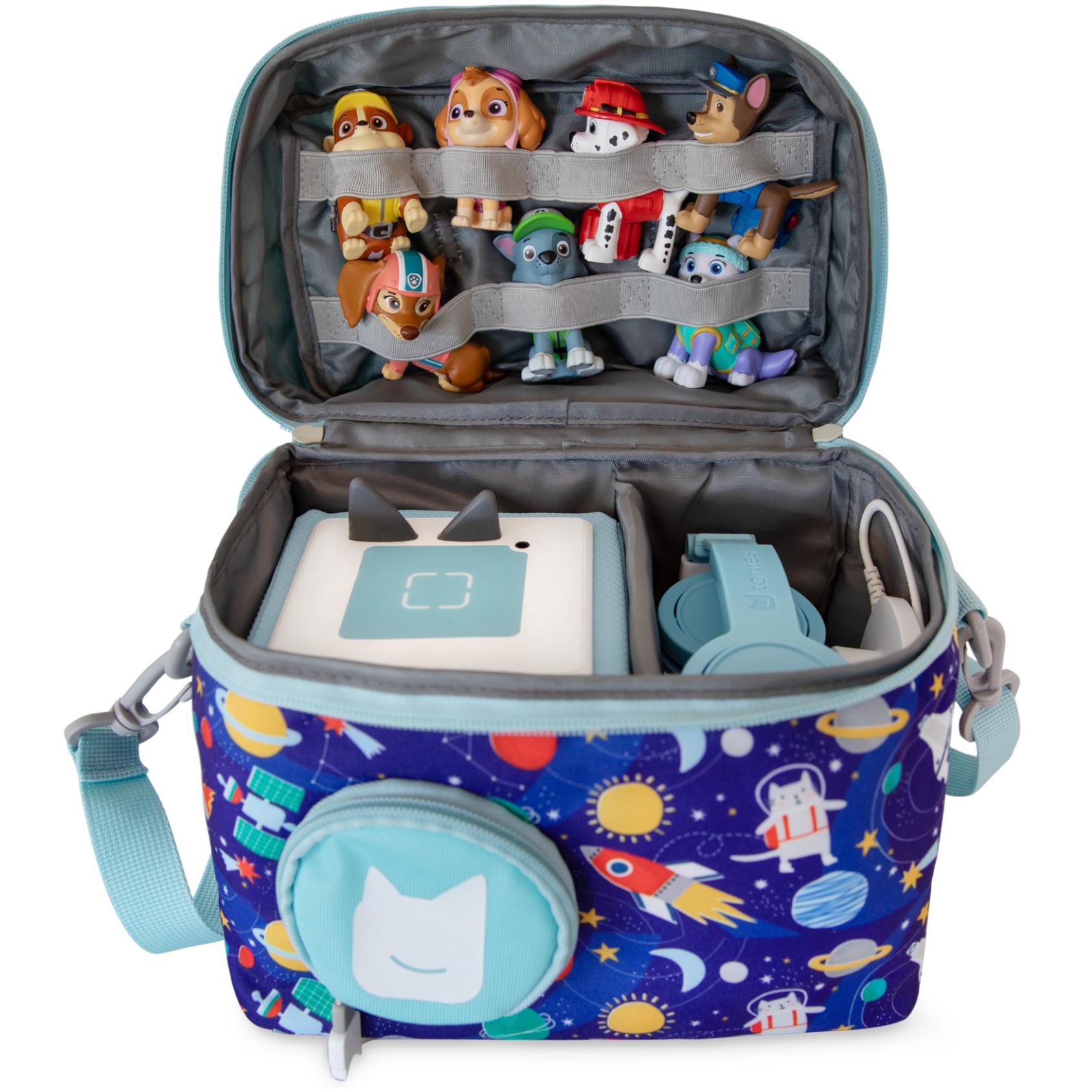 Open carry bag with toy compartments and character slots, gray interior and zipper top