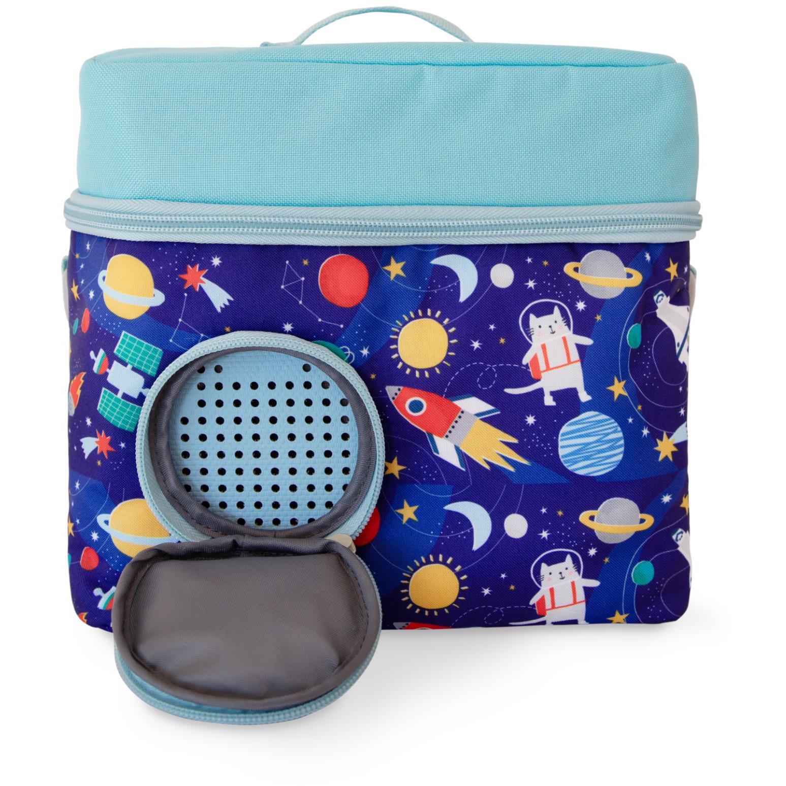 Blue padded carry bag with speaker module, star-and-rocket space print