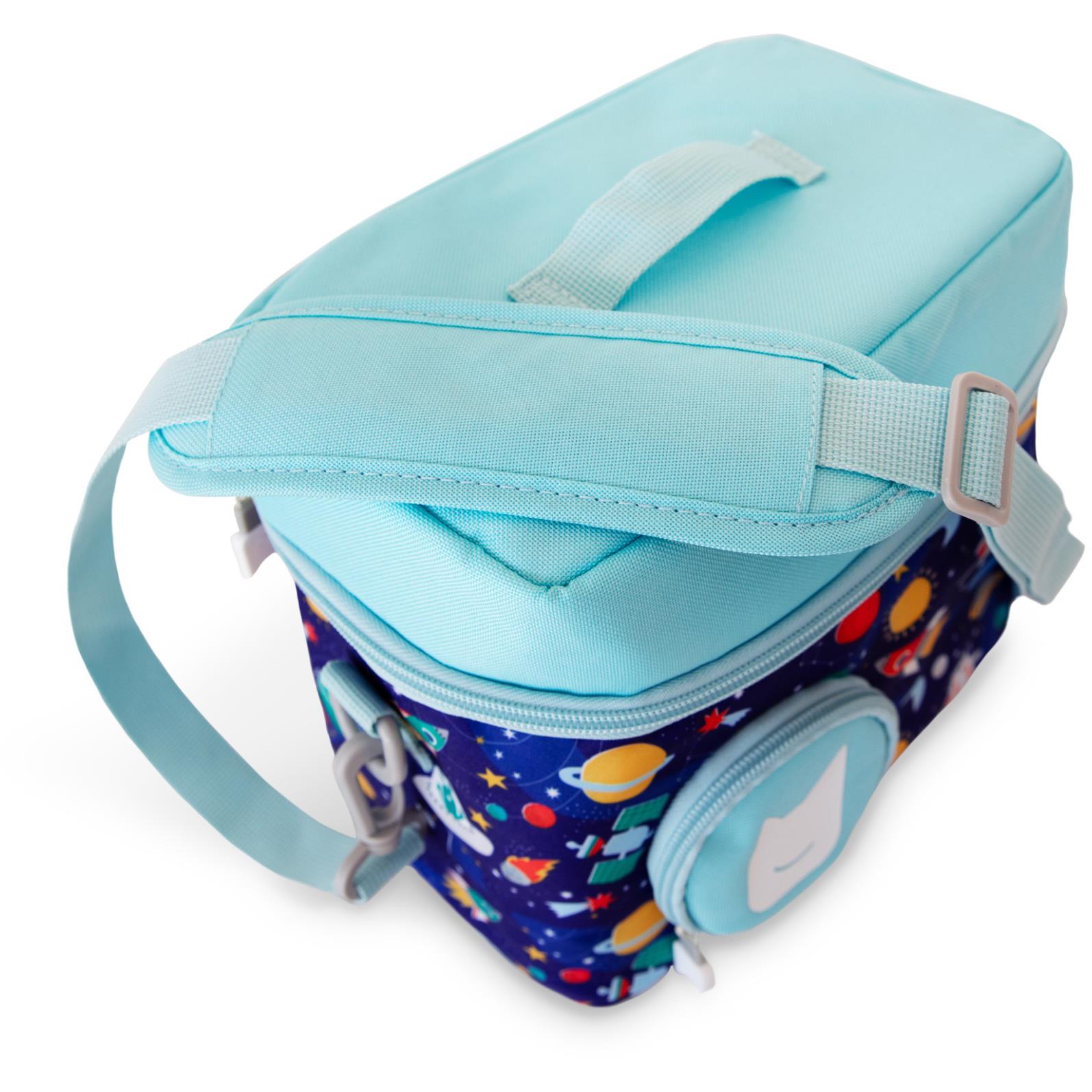 Blue fabric carry bag with adjustable shoulder strap, rounded side view