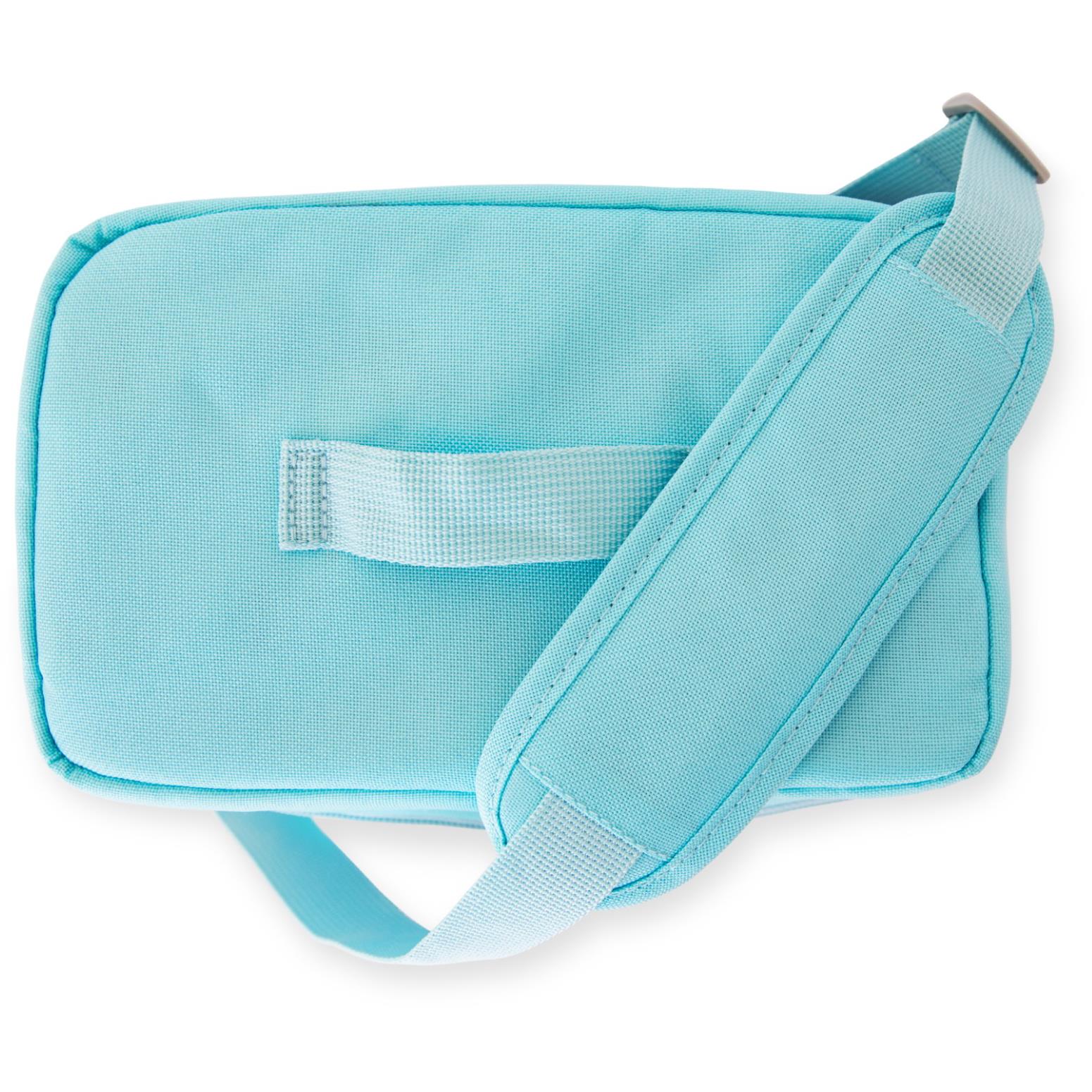 Light blue crossbody carry bag with adjustable strap and front pocket panel