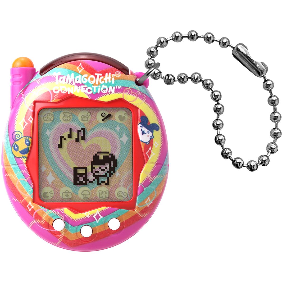 Pink Tamagotchi Connection handheld with heart-themed screen and keychain