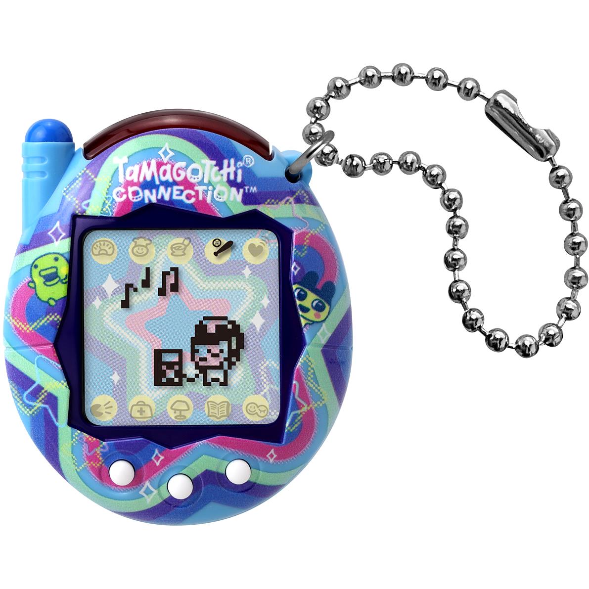 Blue Tamagotchi Connection handheld with star-pattern screen and keychain
