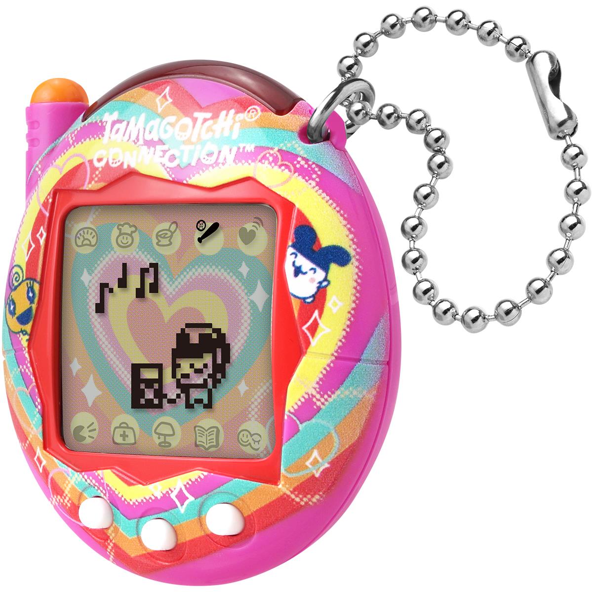 Pink handheld pet game with heart screen and silver ball-chain strap
