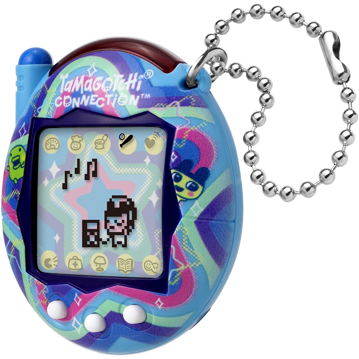 Blue handheld pet game with star screen and silver ball-chain strap
