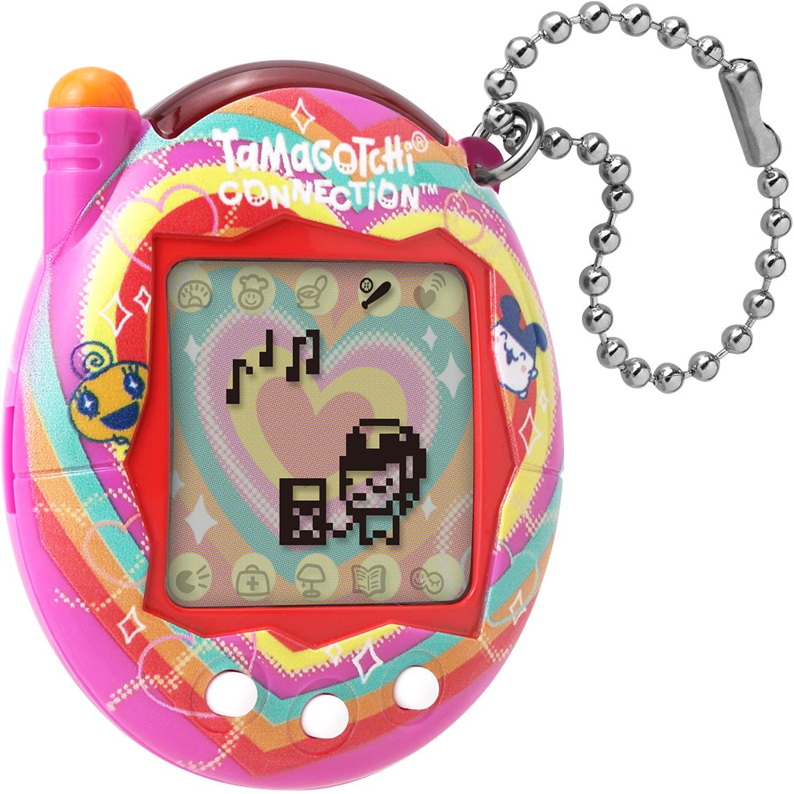 Rainbow-pink Tamagotchi Connection handheld with heart screen and keychain