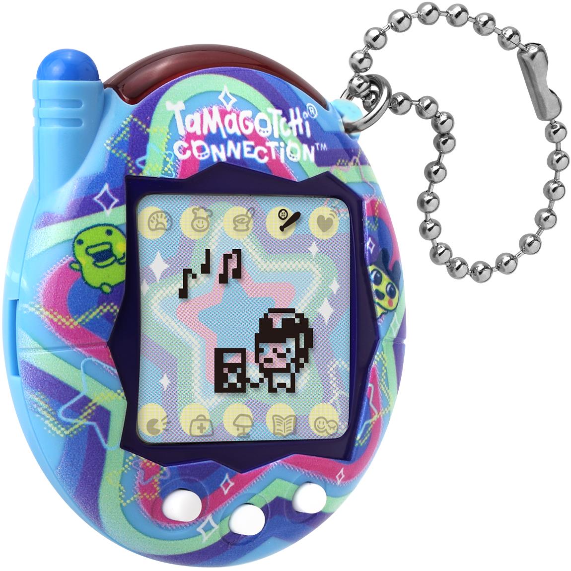 Blue Tamagotchi Connection handheld with star screen and silver ball-chain strap