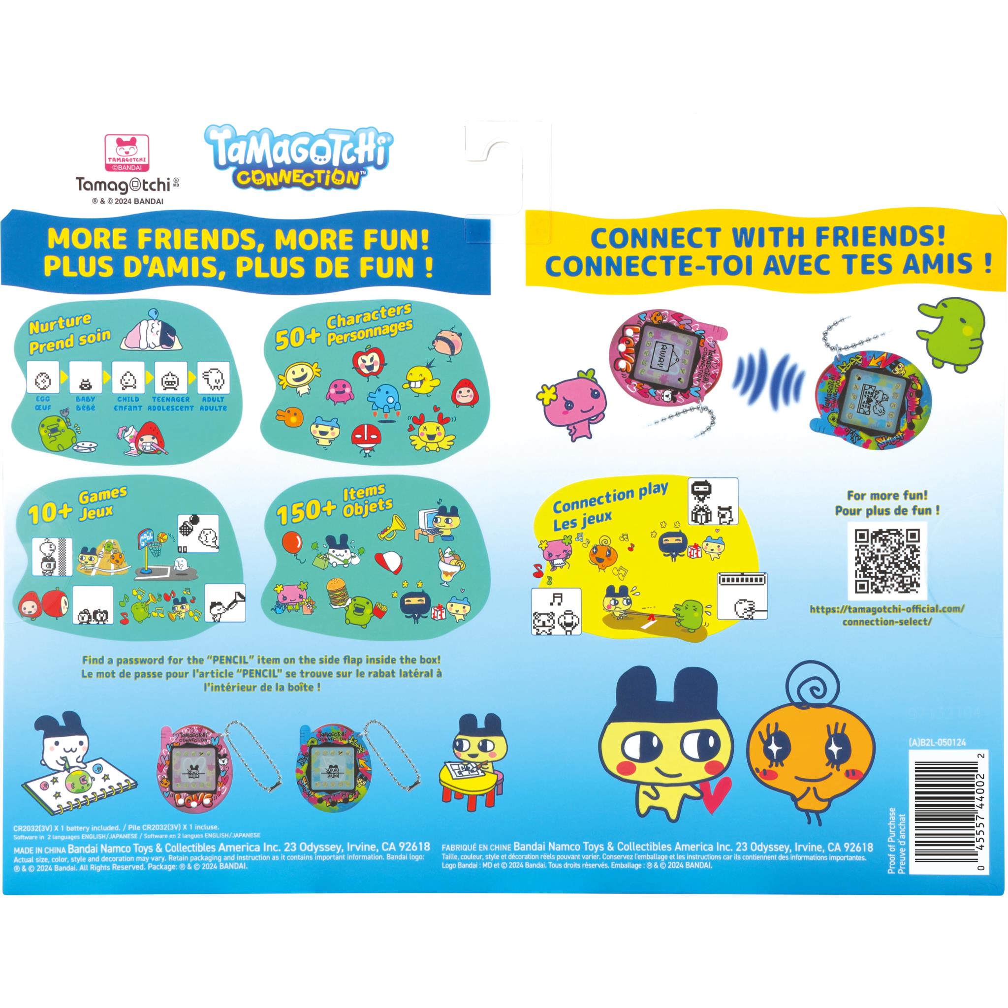 Tamagotchi Connection 2-pack box back with features and game info graphics