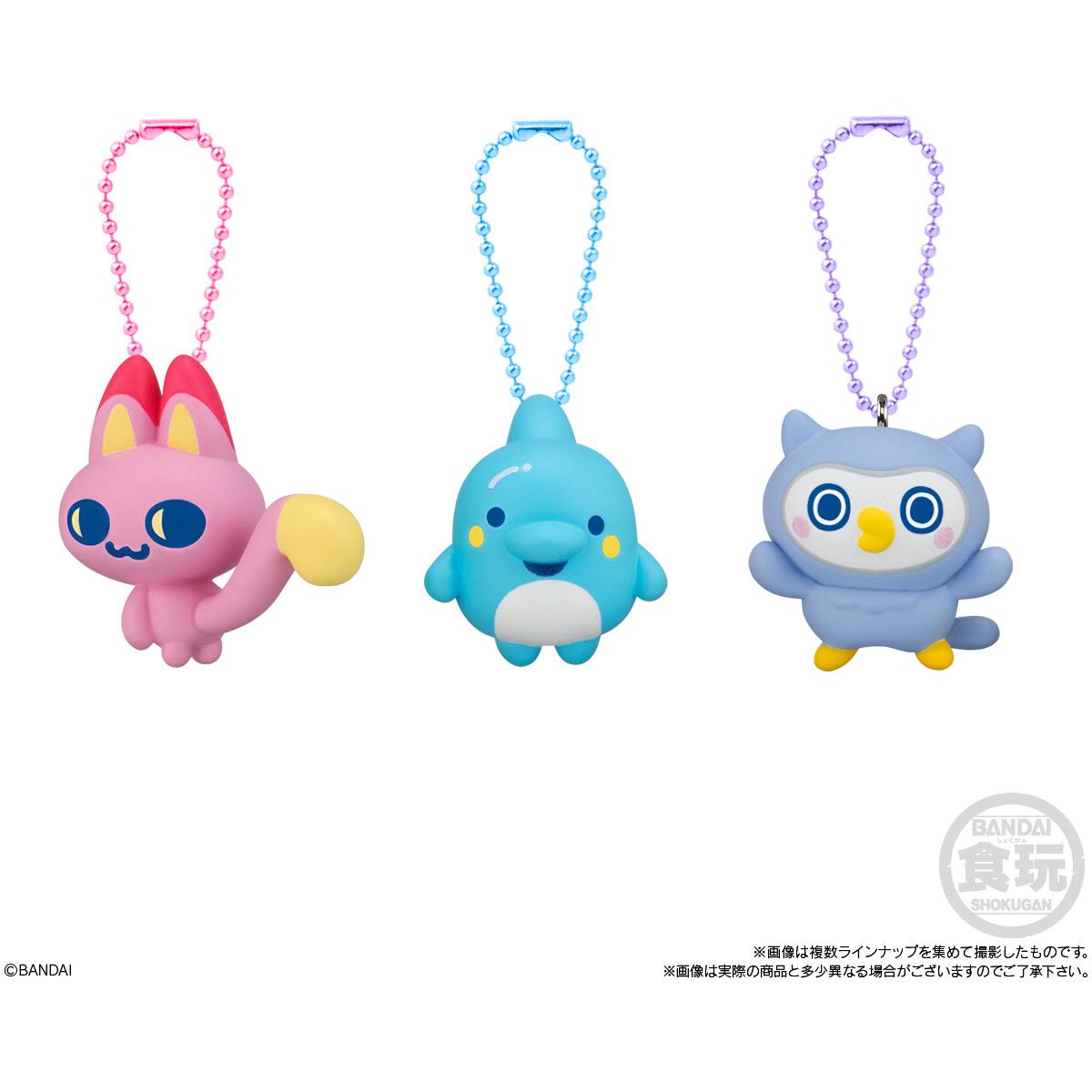 Character mini keychains with beaded loops: pink bunny, blue shark, and blue owl-cat.