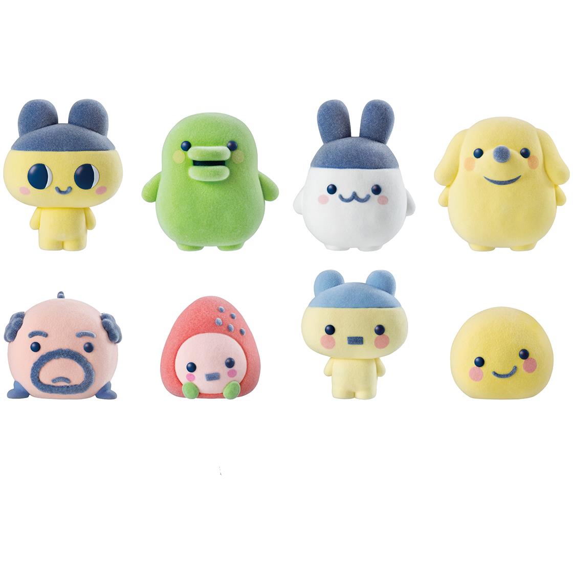 Fuzzy character figure blind box toy set with multiple smiling designs on display