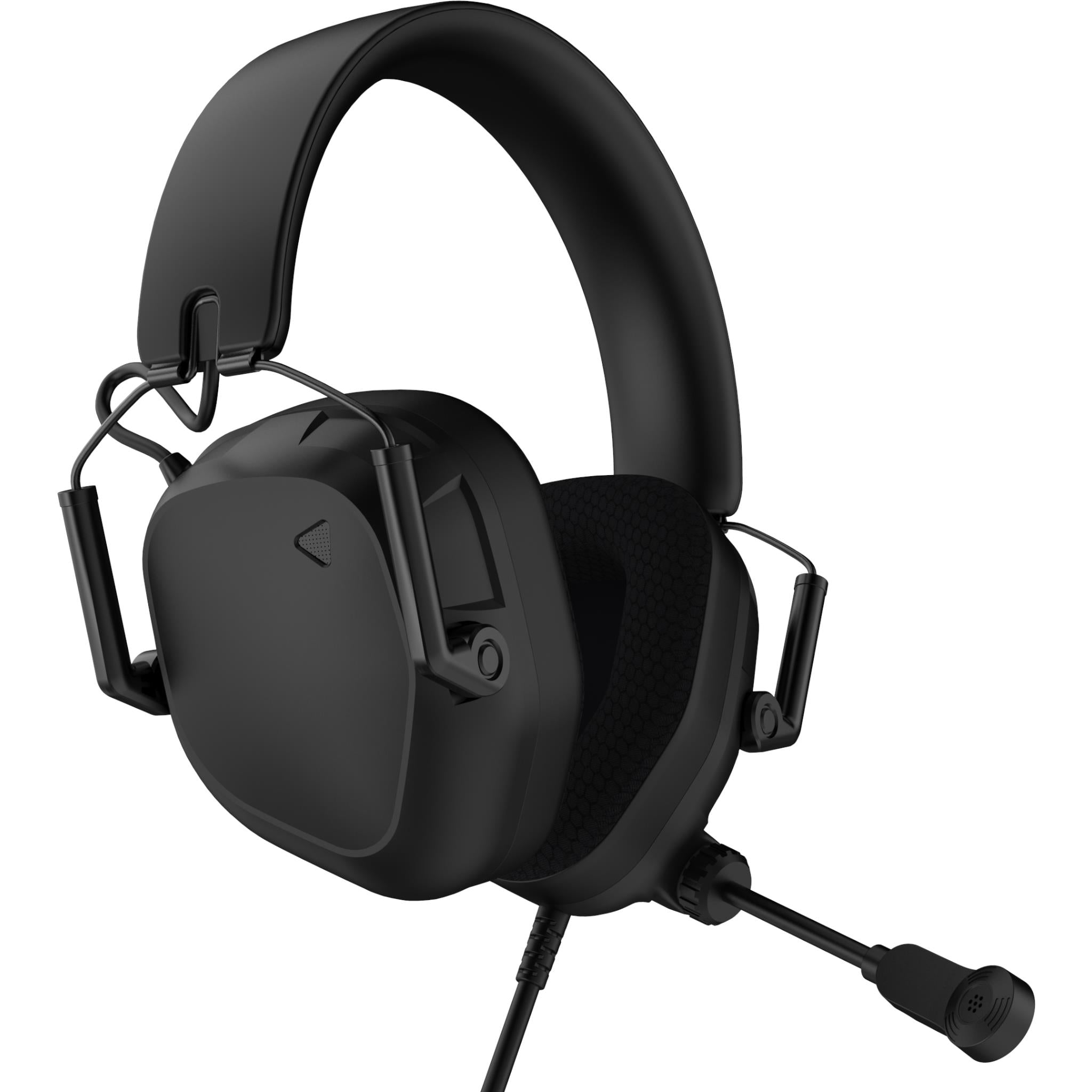Over-ear gaming headset with padded ear cushions, foldable design, carbon black boom mic