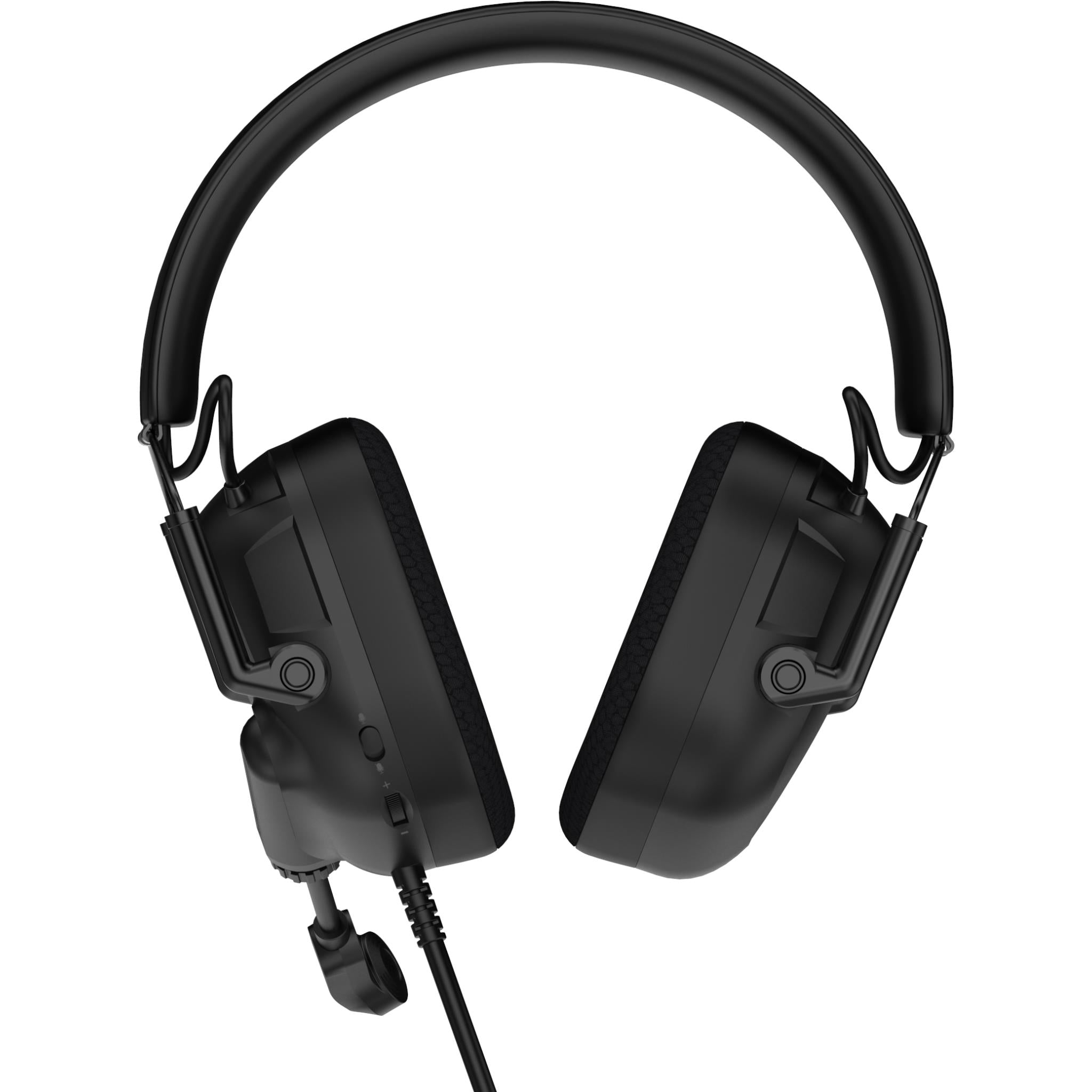 Carbon black over-ear gaming headset front view with padded earcups and attached cable