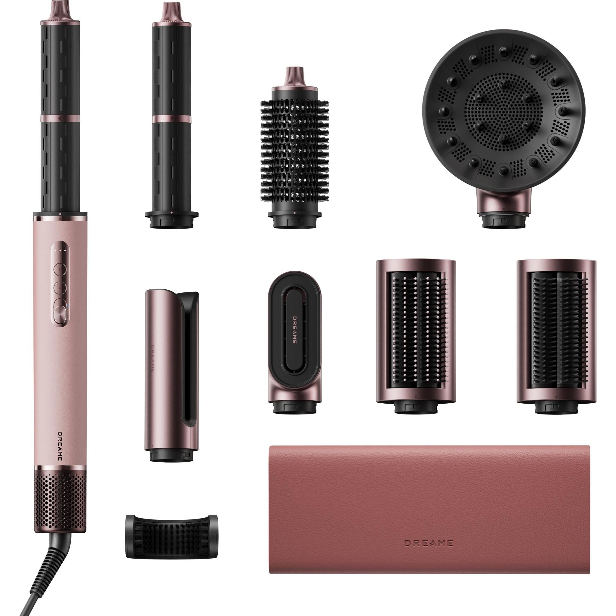 Hair dryer styler kit with rose-pink handheld unit and magnetic attachment set