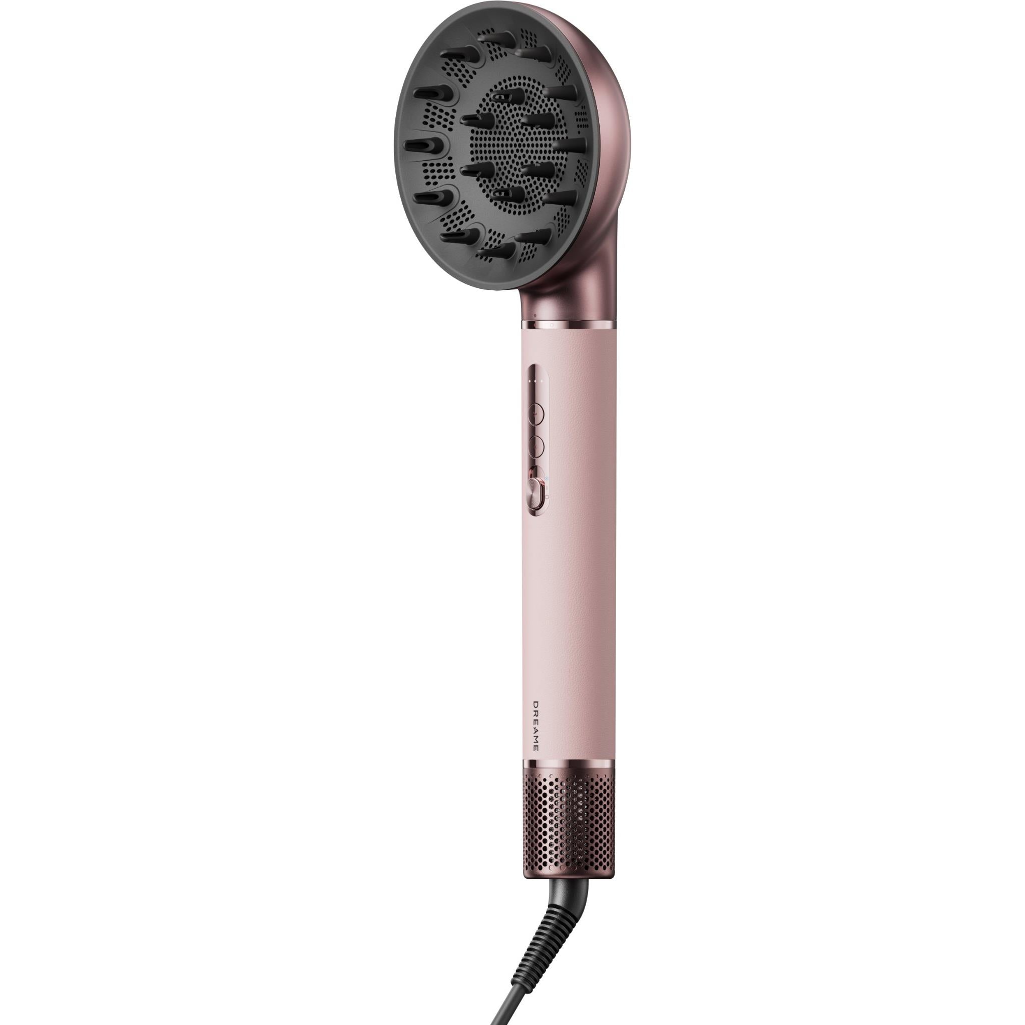Rose-pink hair dryer styler with round diffuser head and black vent openings