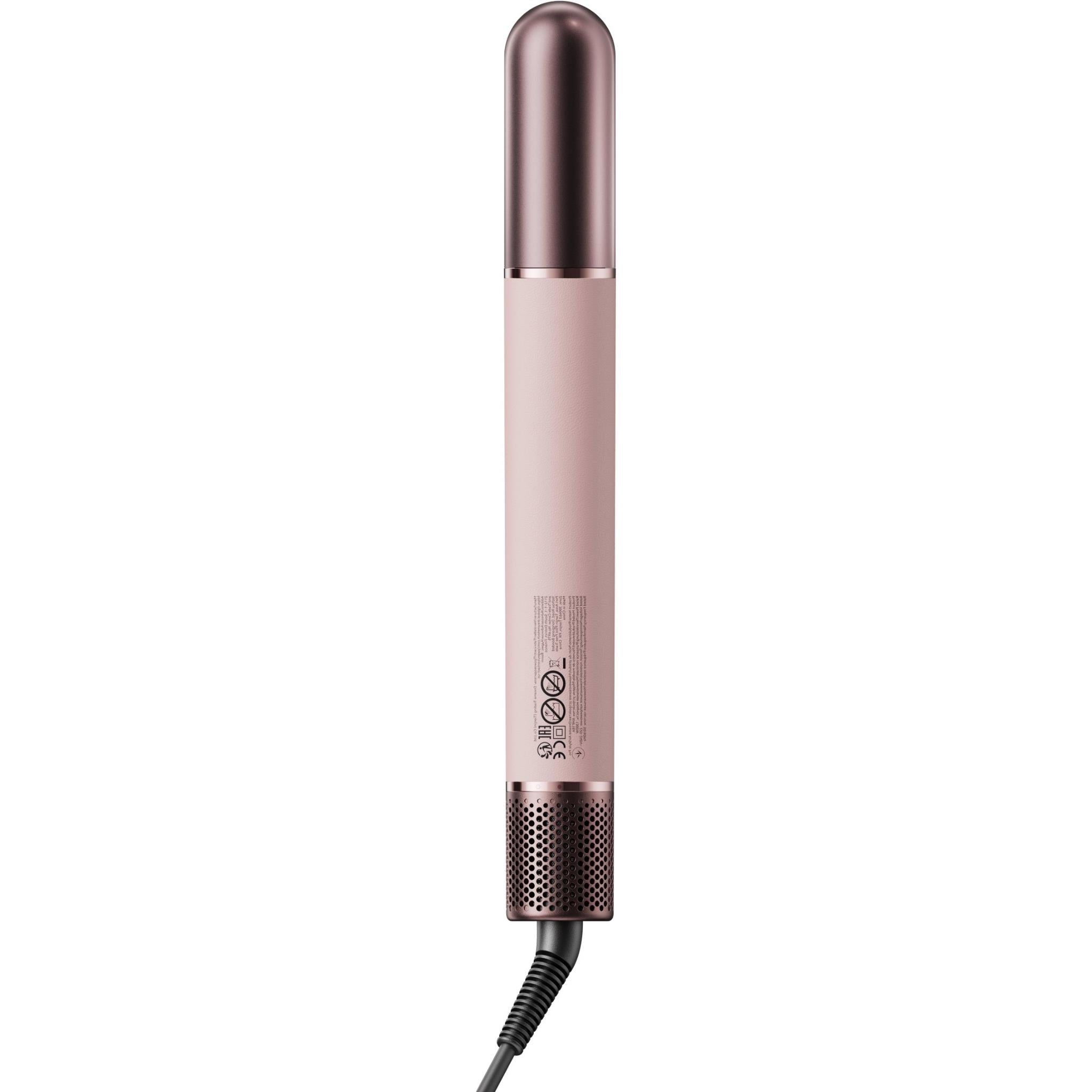 Rose-pink hair dryer styler with perforated nozzle grille and black power cord