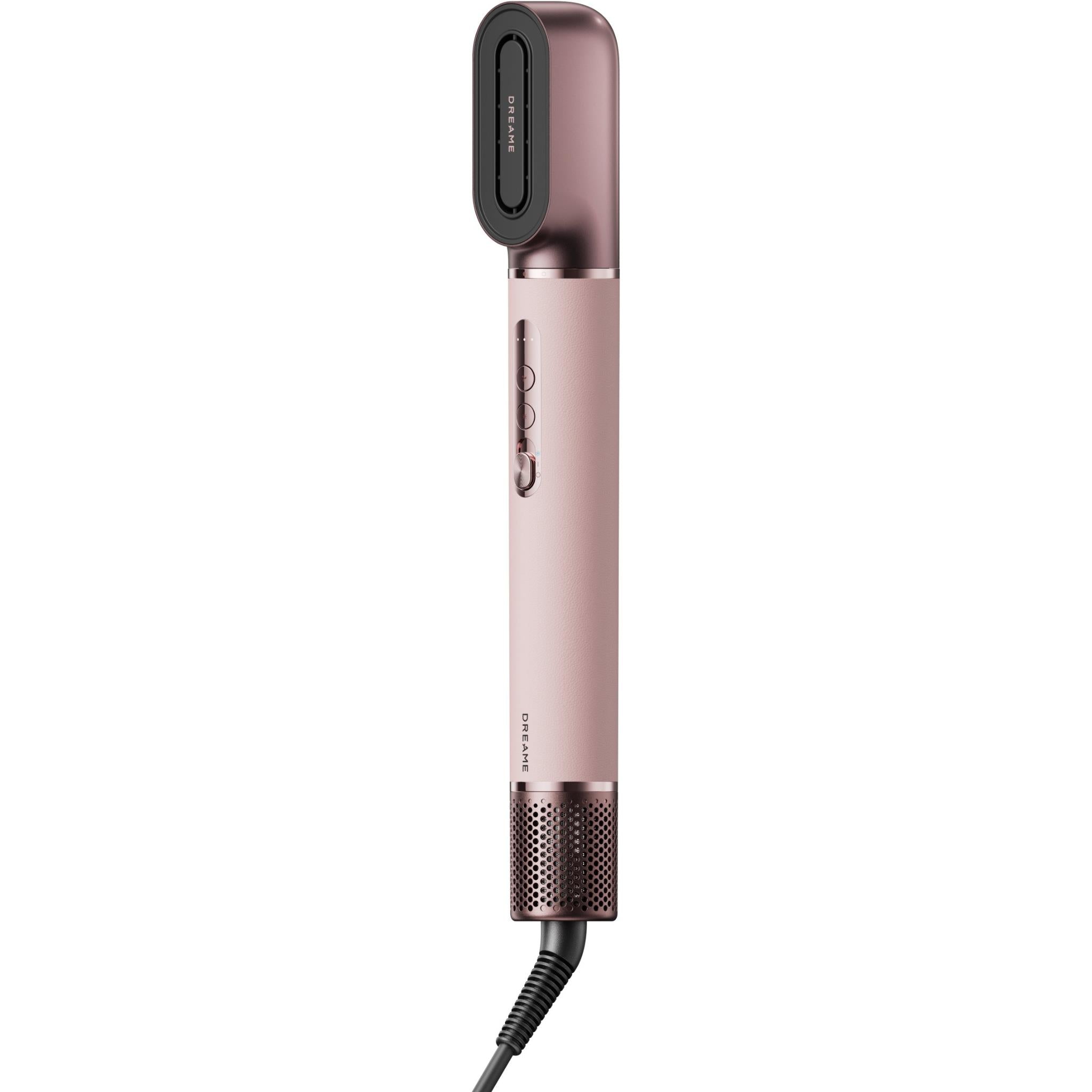 Rose-pink hair dryer styler with oval control panel and perforated air outlet