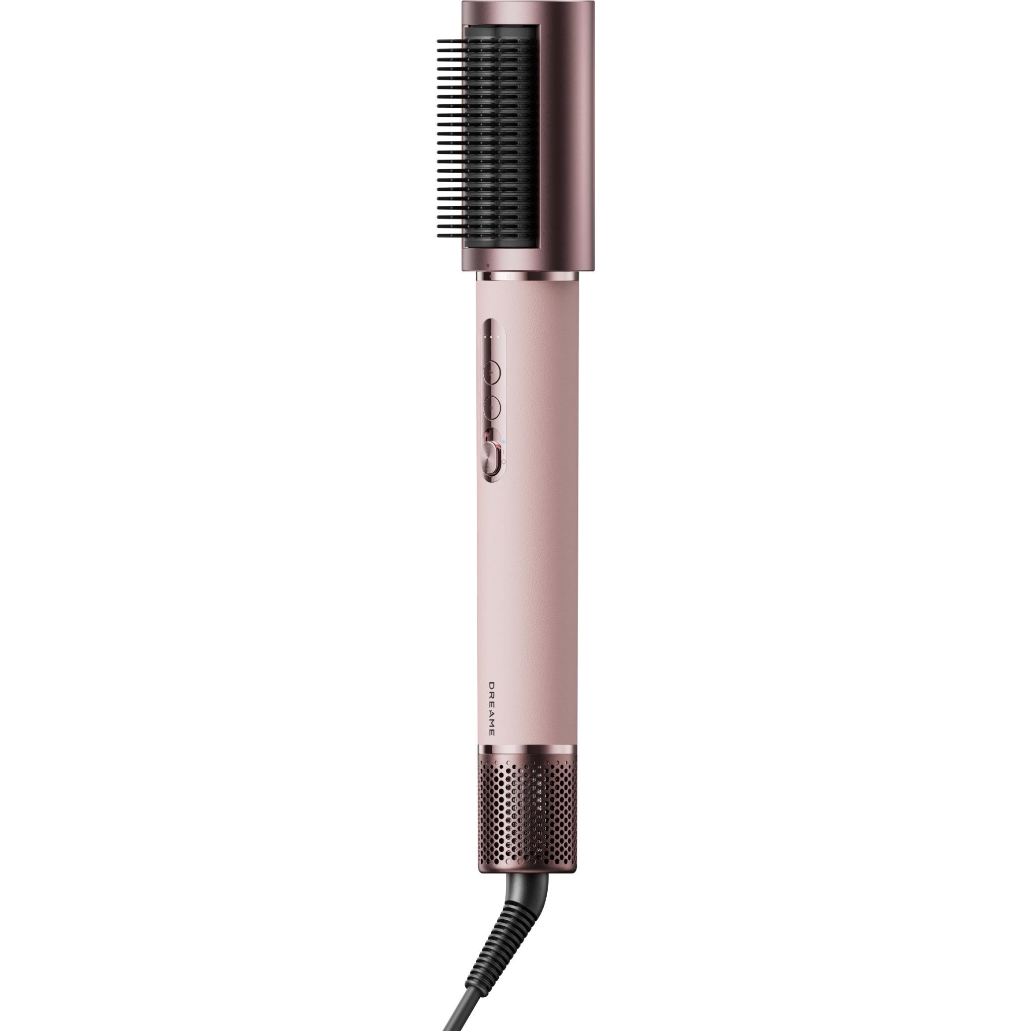 Rose-pink hair dryer styler with round vent brush attachment and black bristles
