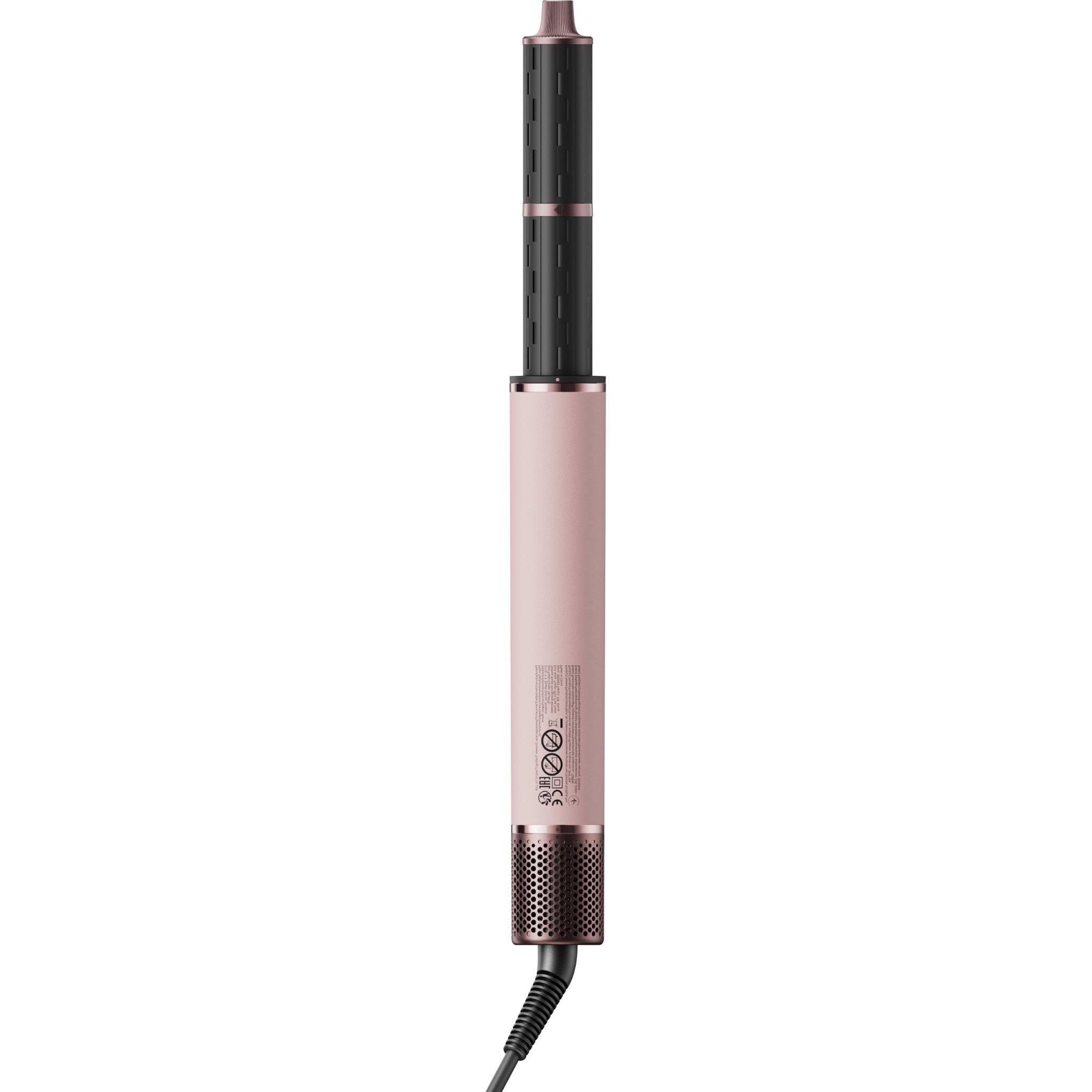 Rose-pink hair dryer styler with long brush attachment and black bristles