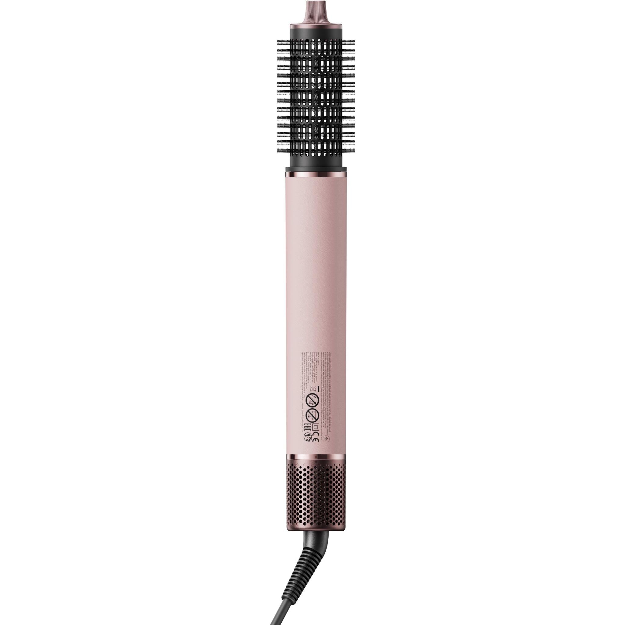 Rose-pink hair dryer styler with wide vent brush attachment and black bristles