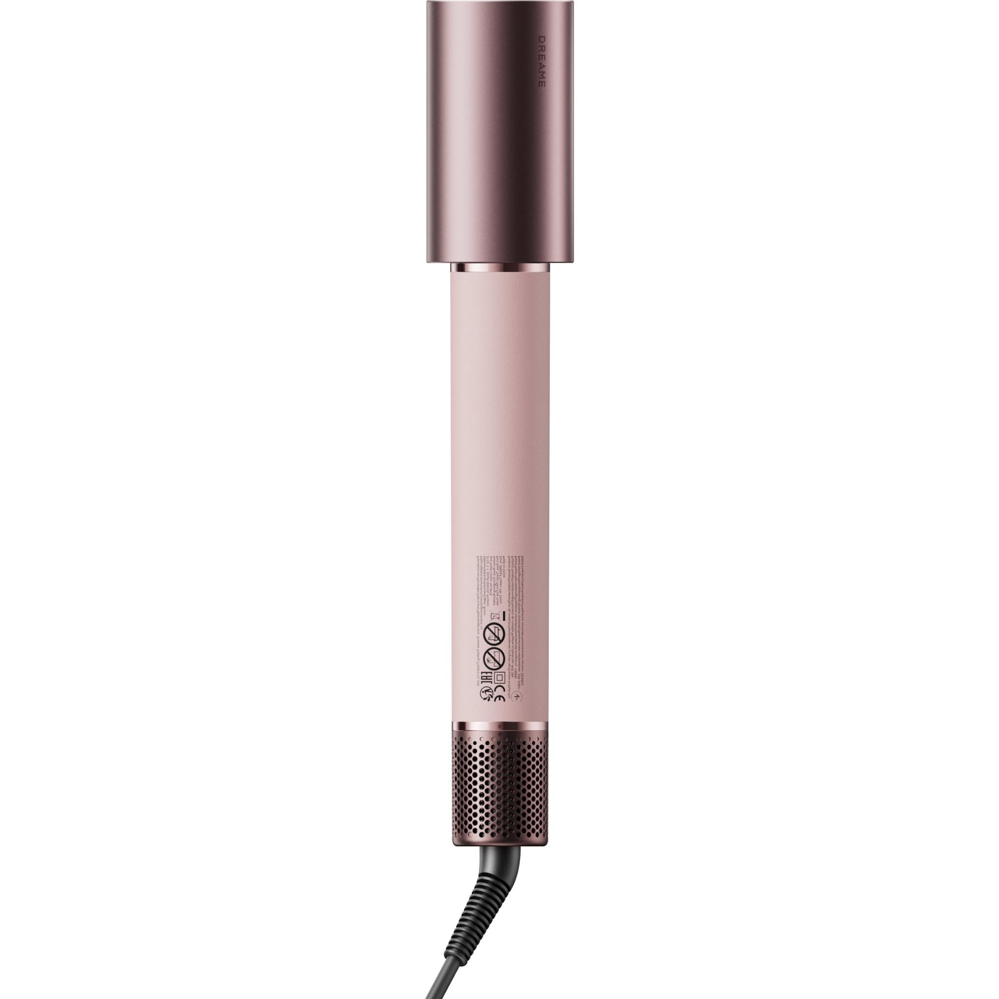Rose-pink hair dryer styler with top barrel nozzle and perforated air outlet