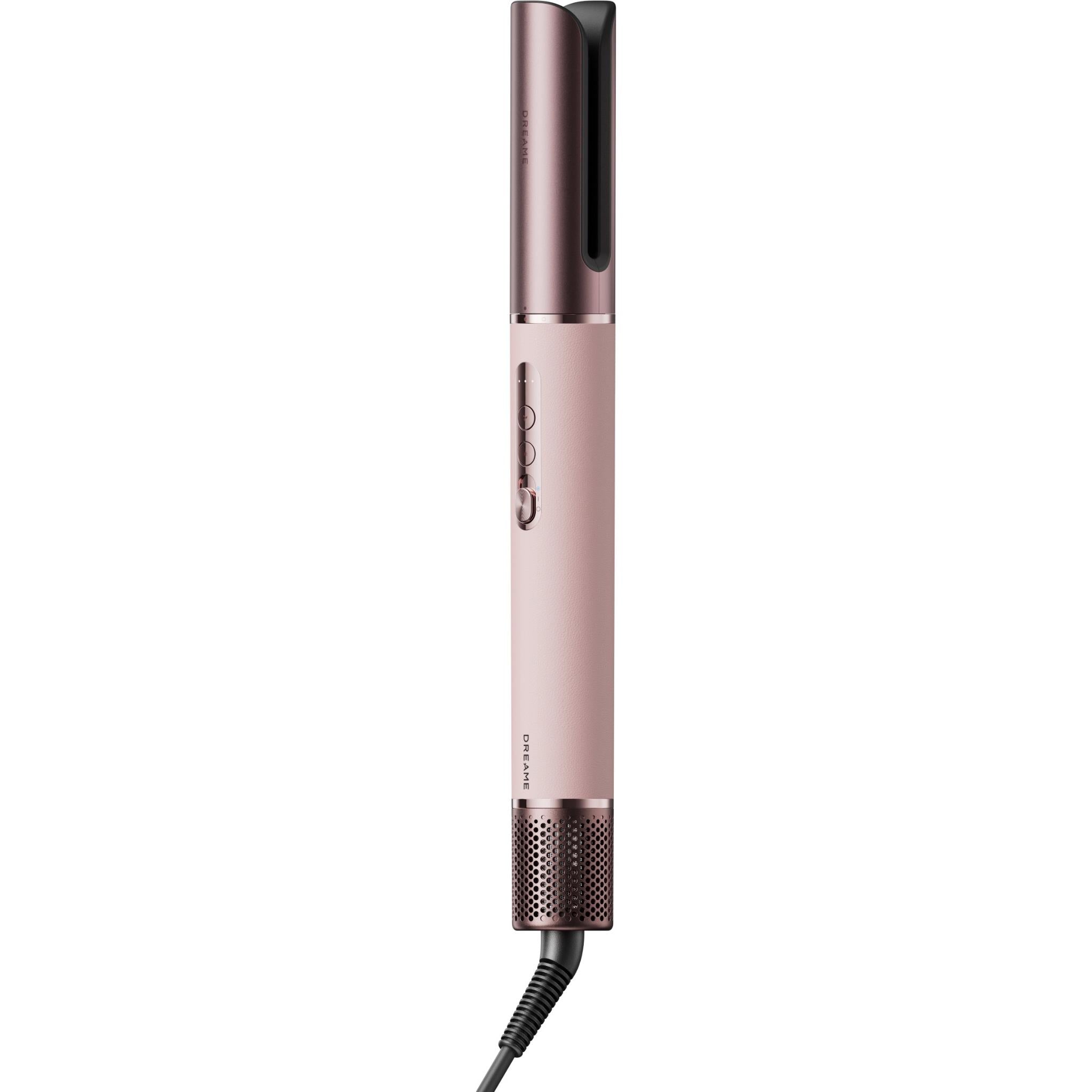 Rose-pink hair dryer styler with concentrator nozzle and black vent openings