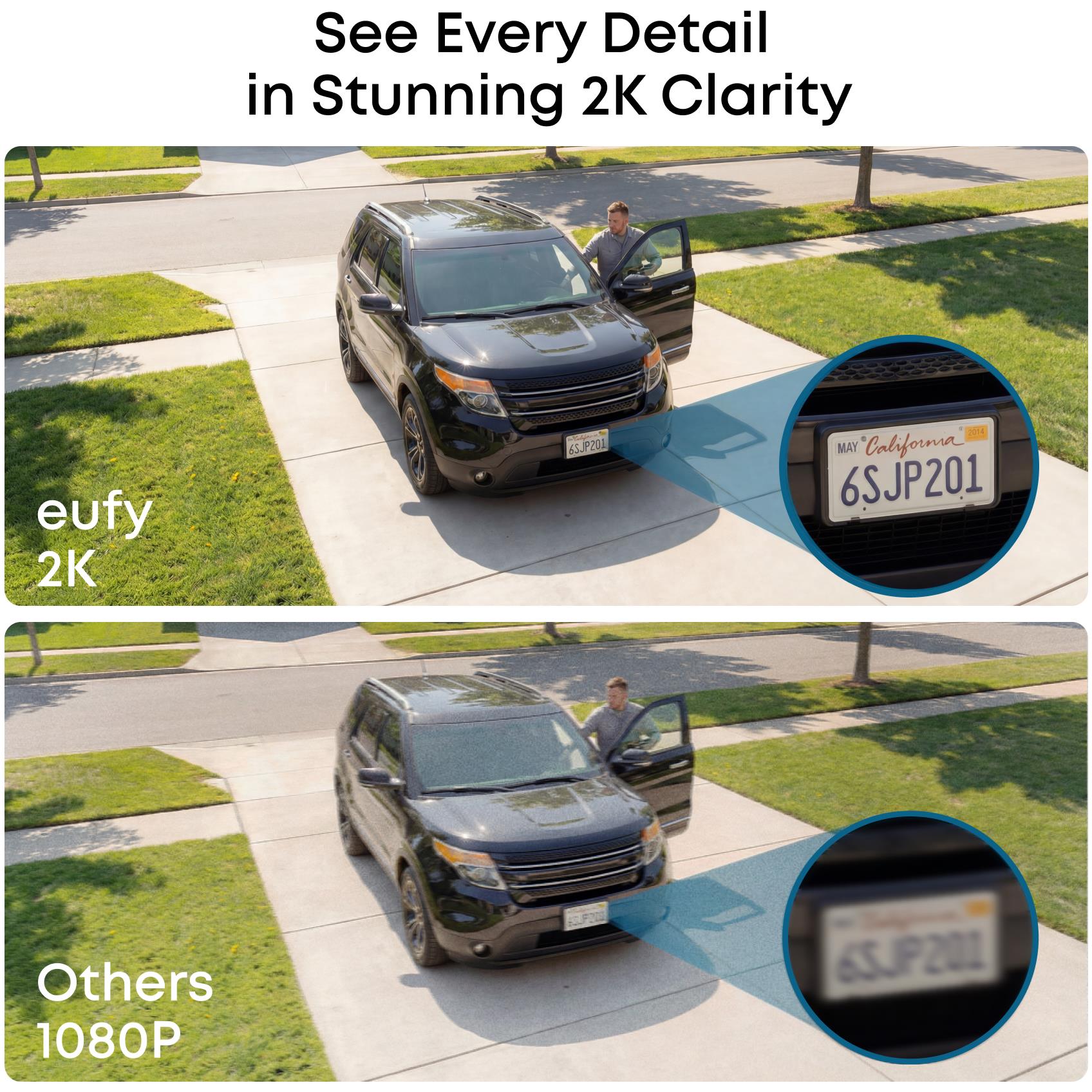 Wireless security camera shown with zoomed 2K detail comparison