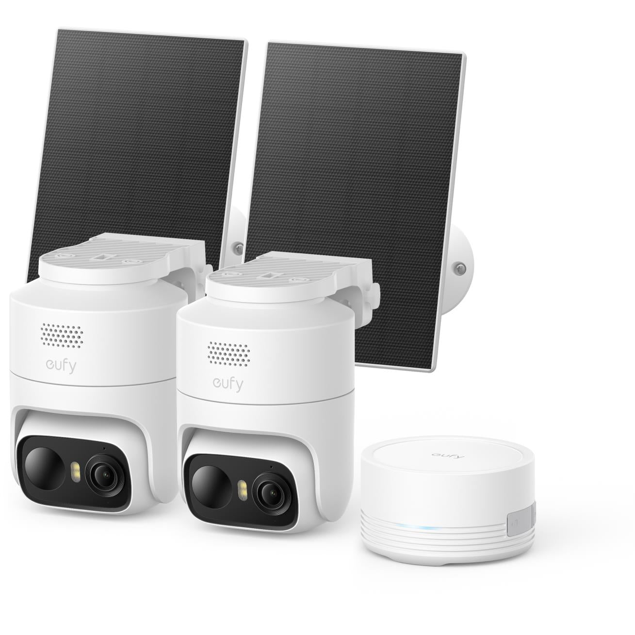White outdoor pan-tilt security camera pair with front lenses and a HomeBase hub
